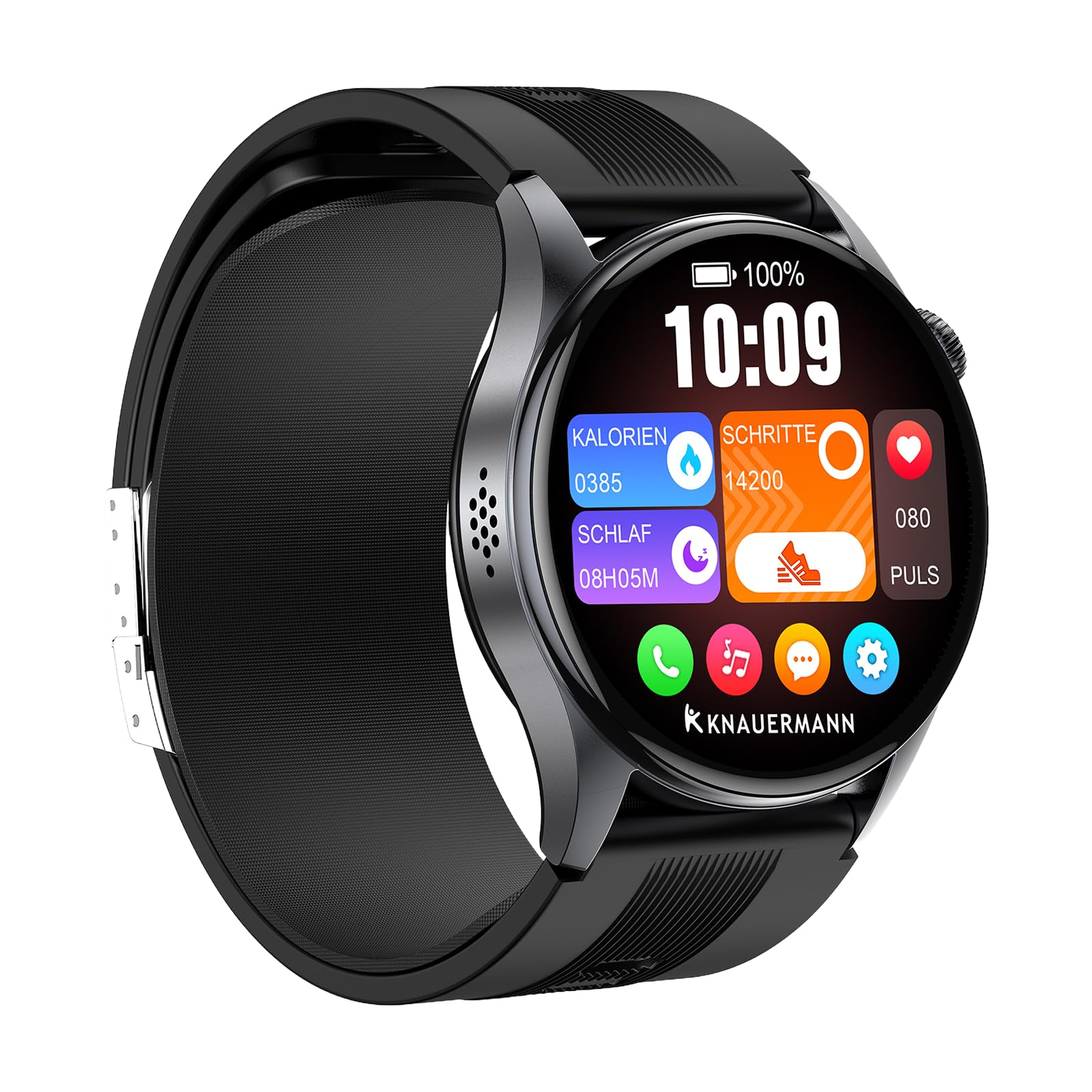 Knauermann Pro 4 Air (2026) Inteligentny zegarek i tracker fitness dla kobiet i mężczyzn, zawsze włączony AMOLED, IP66, Bluetooth 5.3, bateria do 25 dni, Android i iOS, czarny, okrągły