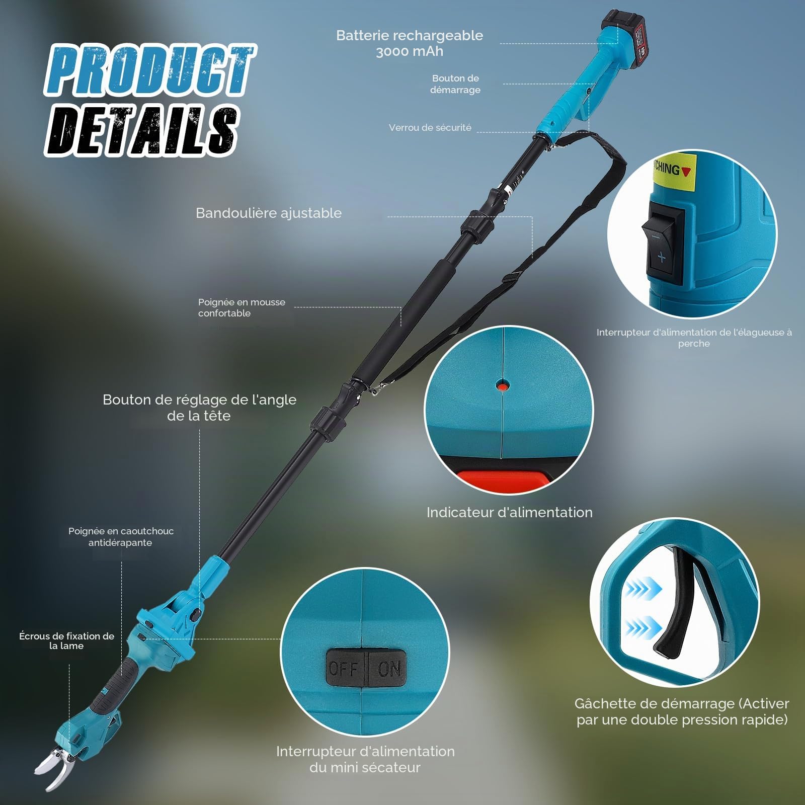 Élagueuse sur perche sans fil 2-en-1 | Perche télescopique de 2,3 m | Écran LCD | 2 batteries 21 V 3,0 Ah | Diamètre de coupe de 40 mm | Compatible Makita | Élagueuse sans fil (2 IN 1)