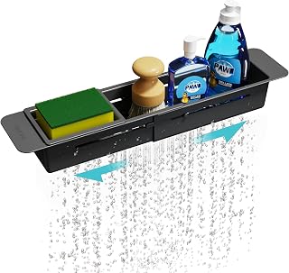 NiHome Extendable Over Sink Caddy - Adjustable Sponge Brush Organizer Rack with Drainage Tray, Non-Slip ABS Holder for Kitchen (Black)