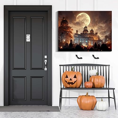 Miniatura 155 de Denozer Lienzo decorativo para pared de Halloween, castillo de terror de 32 x 24 pulgadas, decoración de pared de luna, decoración de otoño de Obra