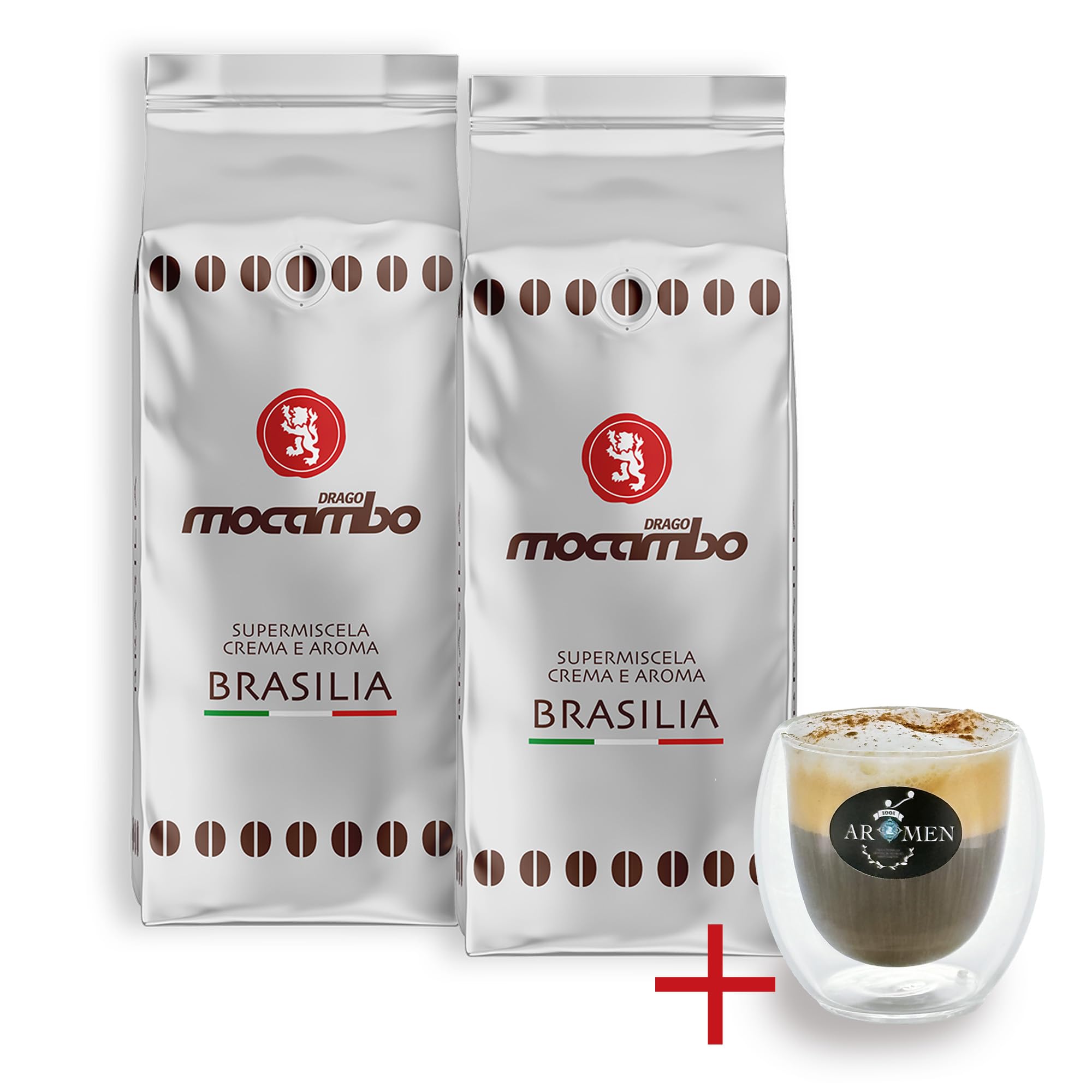 Mocambo Brasilia, Silber,ganze Bohne, Menge:2kg (2er Pack) + Espressotasse doppelwandig