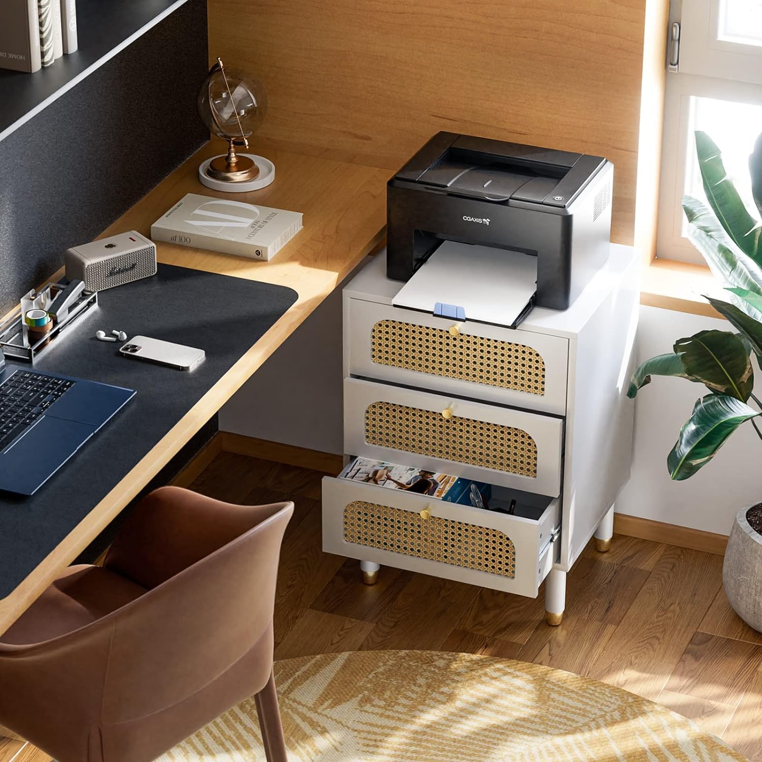 VINGLI Rattan Nightstand Set of 2 with Charging Station, 27" Tall White Nightstand with 3 Drawers for Bedroom, Boho Mid Century Modern End Table/Side Table/Bedside Table (White, 2 Pack)