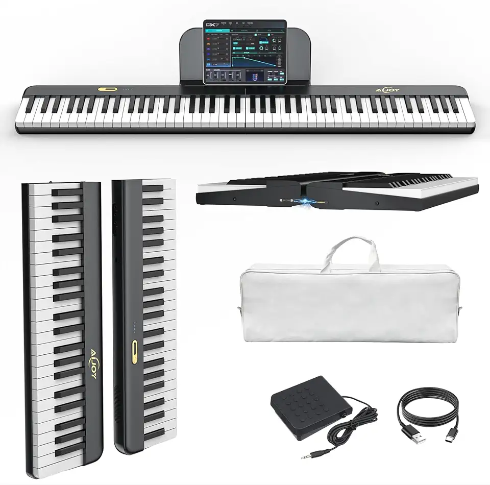 AiJoy Teclado de piano de 88 teclas com conexão magnética, piano elétrico destacável ASP-10M para iniciantes, piano digital portátil para viagens com teclas sensíveis, suporte MIDI, bolsa de