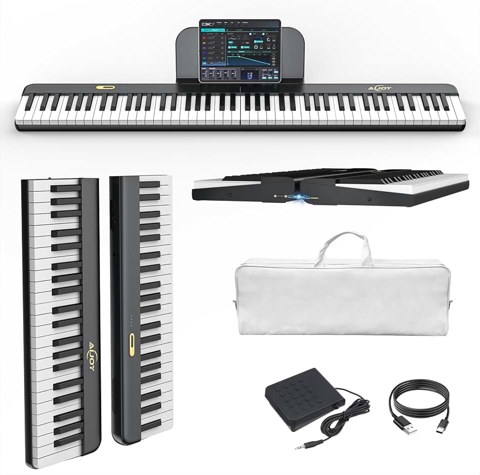 AiJoy Teclado de piano de 88 teclas com conexão magnética, piano elétrico destacável ASP-10M para iniciantes, piano digital portátil para viagens com teclas sensíveis, suporte MIDI, bolsa de