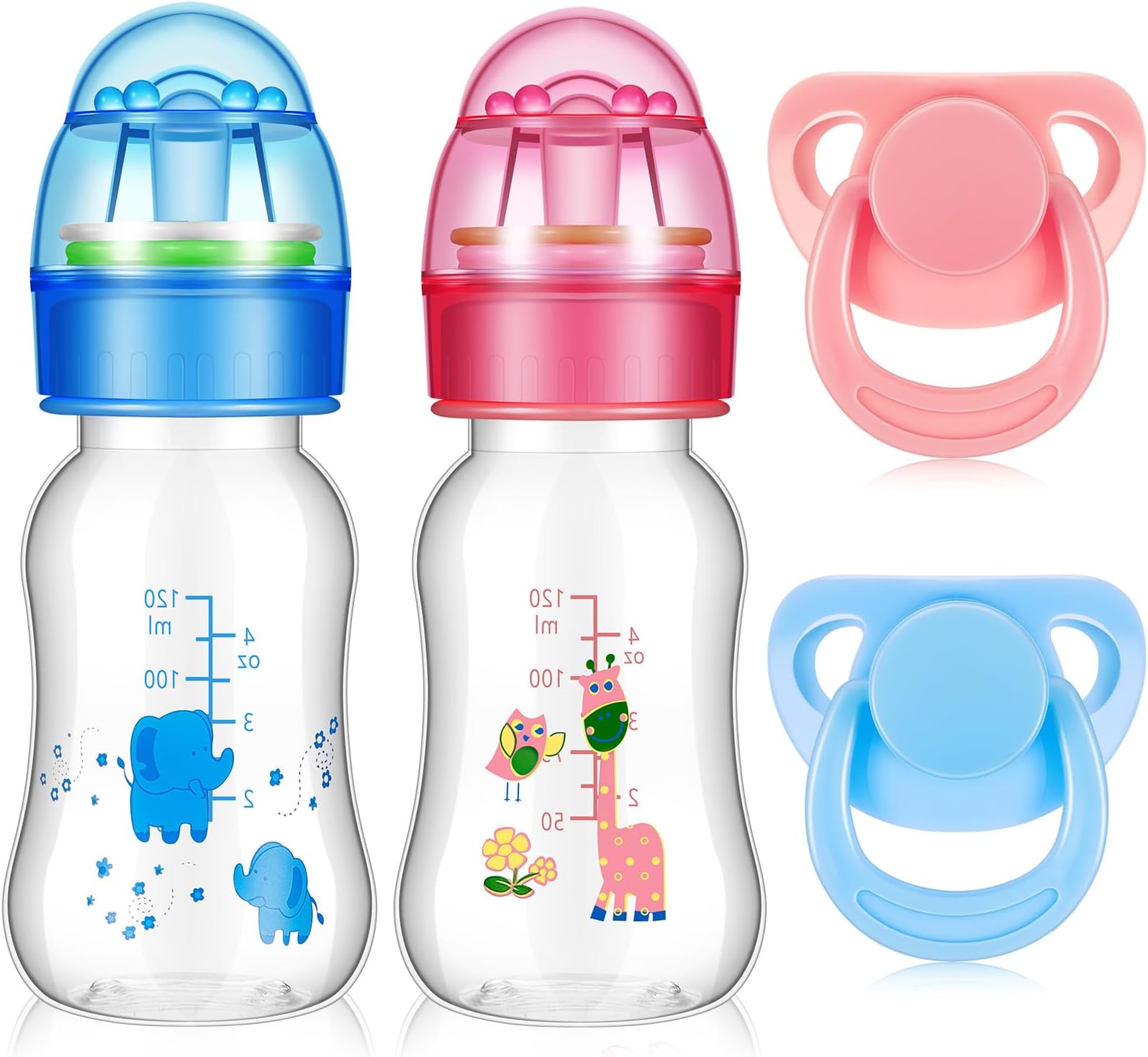 Jexine 4 Pieces Reborn Doll Accessories, Includes 2 Magnetic Pacifier and 2 Doll Bottles, Feeding Bottle Gift for Shower Birthday, Random Pattern(125 ml,Cute,Pink,Blue)