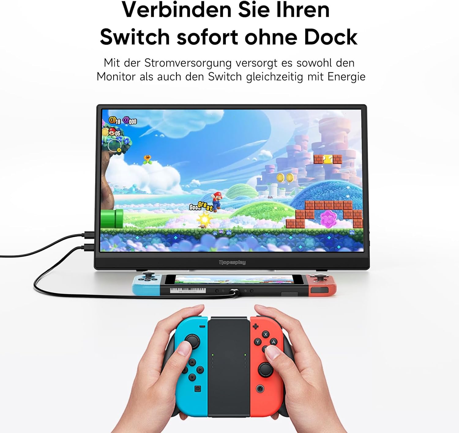 A Nintendo Switch connected directly to the Dopesplay portable monitor via a USB-C cable, demonstrating dock-free gaming.