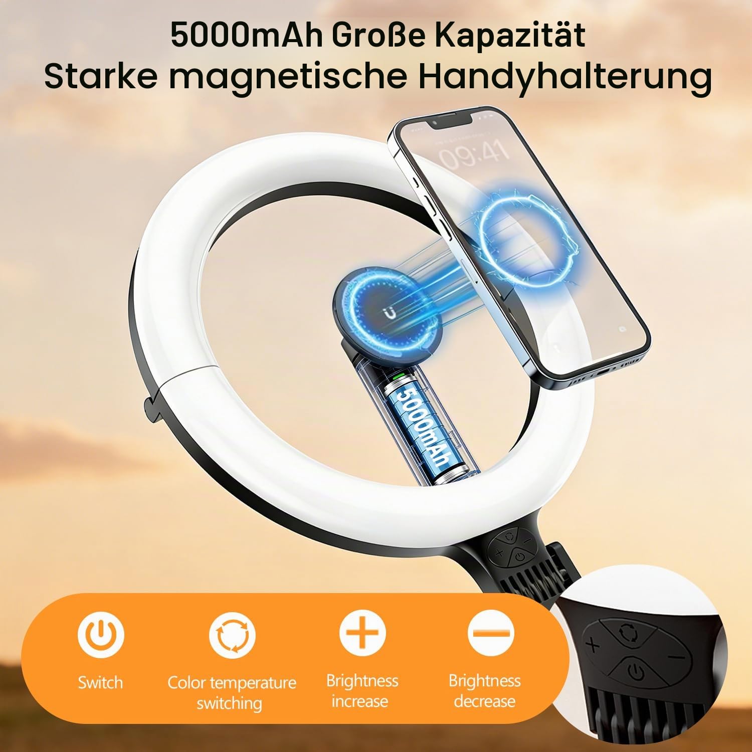 Magnetischen Overhead Stativ Handy mit Ringlicht, 10” LED Stativ für Smartphone mit Ring Light, 5000 mAh, 3 Lichtfarben&10 Helligkeiten 360° Drehbar, für Videoaufnahmen, Content Creator Equipment