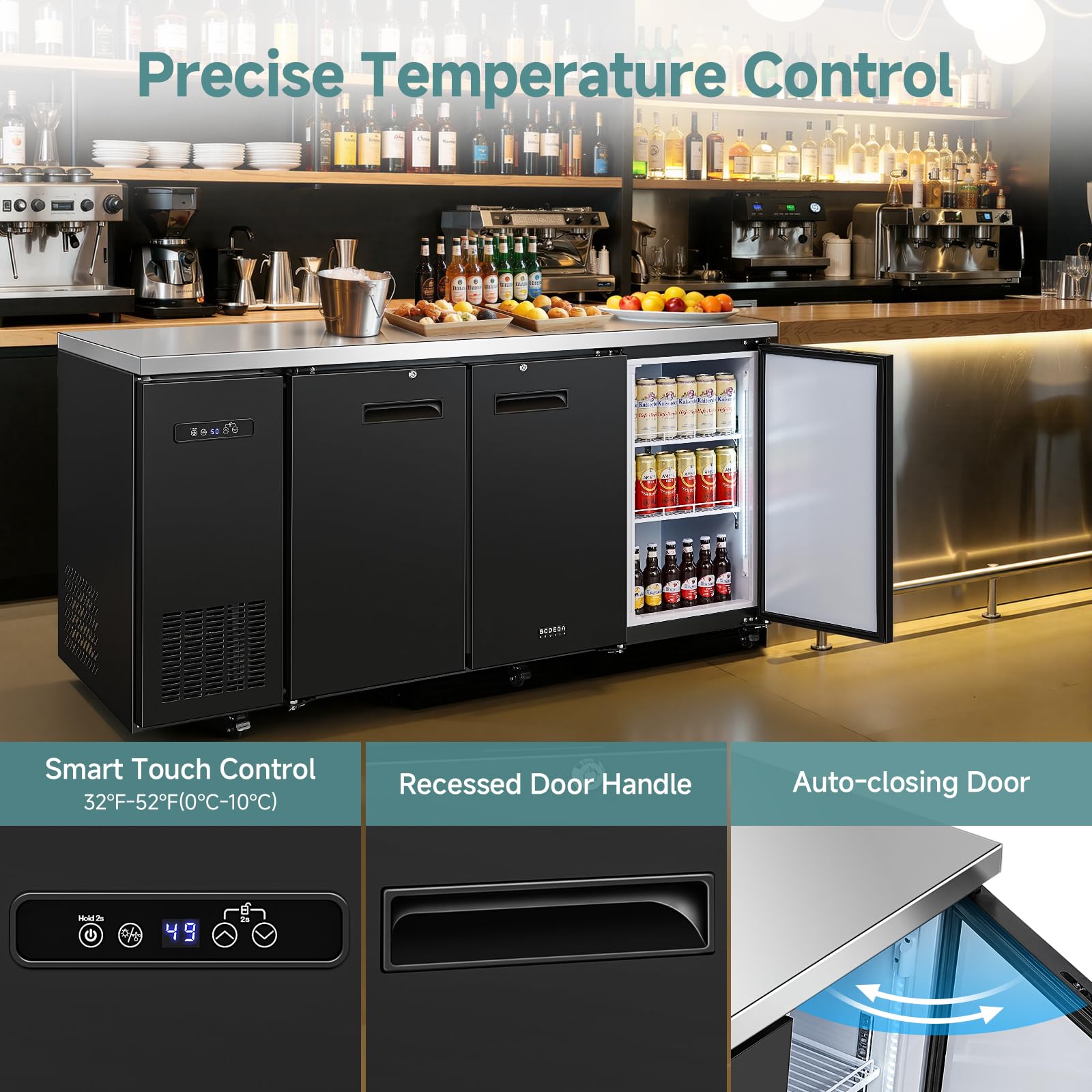 Bodegacooler Commercial Bar Cooler With 3 Solid Doors, 20.5 Cu.Ft Back Bar Refrigerator, Beverage Refrigerator For Beer Soda Wine,LED Light, Stainless Steel Top,6 Casters, For Kitchen Buffet Table on Fridge.com - View 4