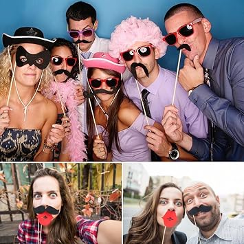 58 Pcs Funny Photo Booth Props, Selfie Props For Birthday Wedding Parties | Assorted Paper Party Props Including Moustache, Glasses, Hats & Lipstick, Suitable For Prom, Disco And Mardi Gras Events