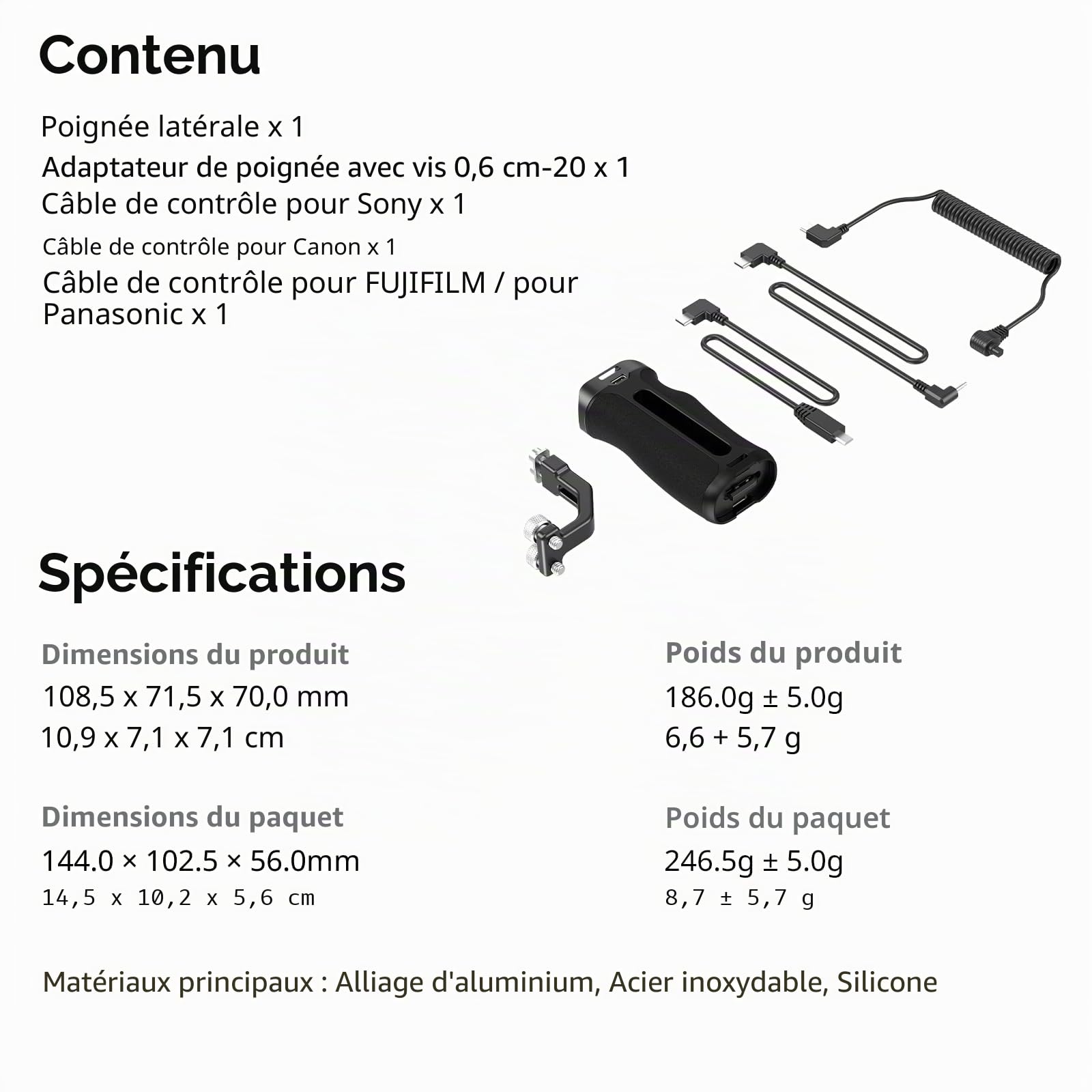 SMALLRIG poignée latérale filetée avec déclencheur à distance de démarrage/arrêt d'enregistrement, 3 câbles de commande, Sony A7 III/FX3, pour Canon R5II, pour FUJIFILM X-T5, pour Panasonic S5 II-4928