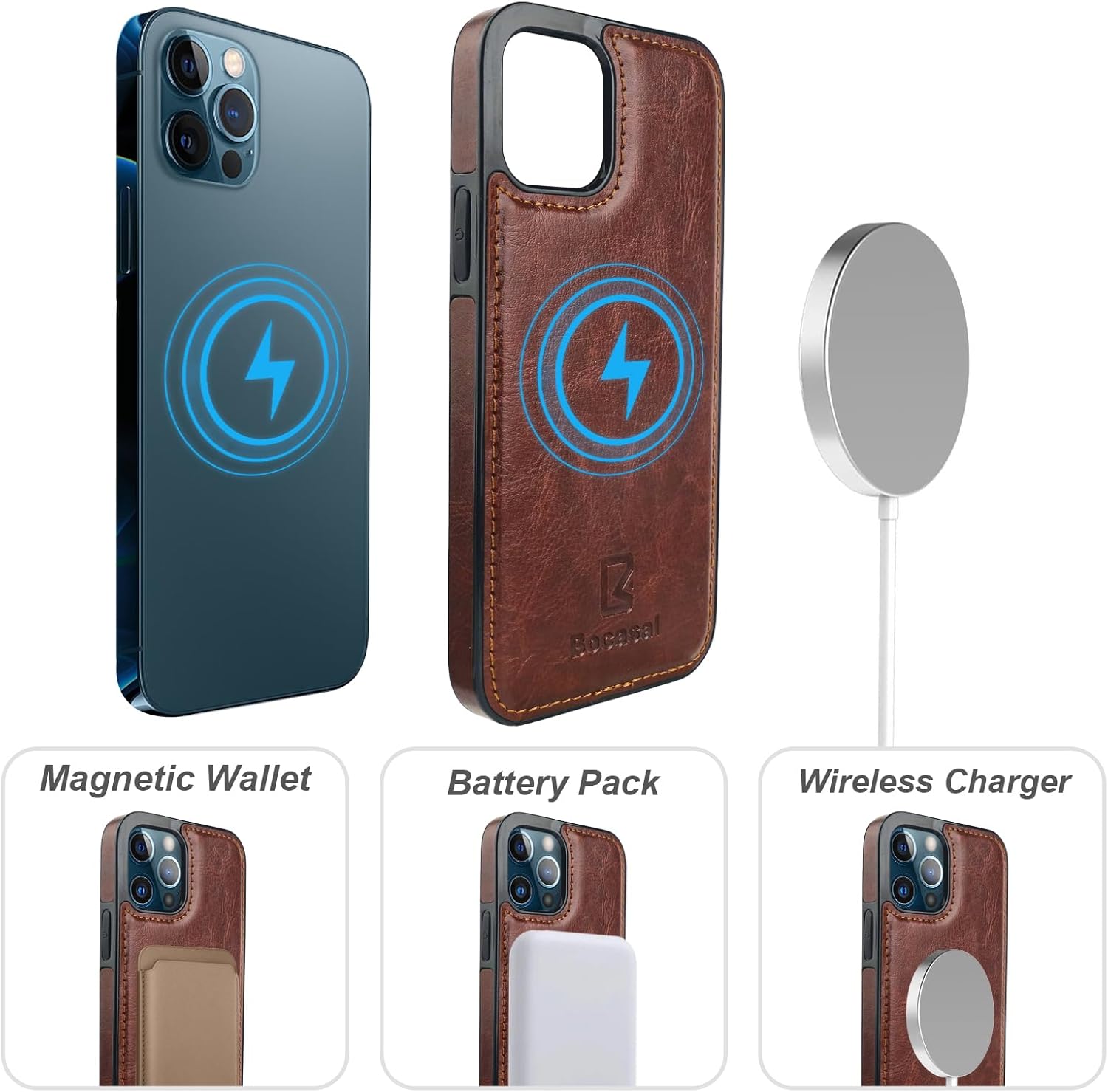 Bocasal for iPhone 12/12 Pro Wallet Case Compatible with MagSafe Wireless Charging, RFID Blocking Magnetic Leather Case with Card Slots Holder Kickstand Detachable Wrist Strap 6.1 Inch (Brown)