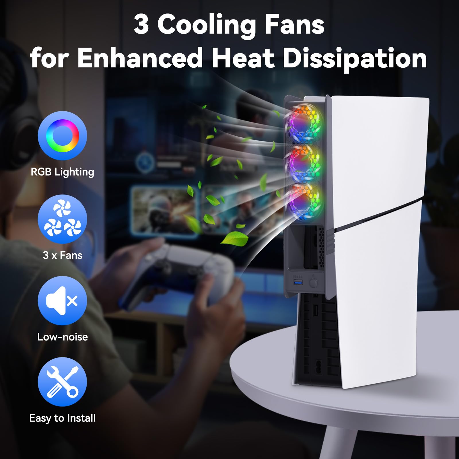 ELUTENG Ventilateur de Refroidissement pour PS5 Slim et PS5 Pro, Efficient Refroidisseur avec Lumière RGB et Hubs USB 3.0, Accessoire de Refroidissement Silencieux pour Playstation 5 Pro/Slim
