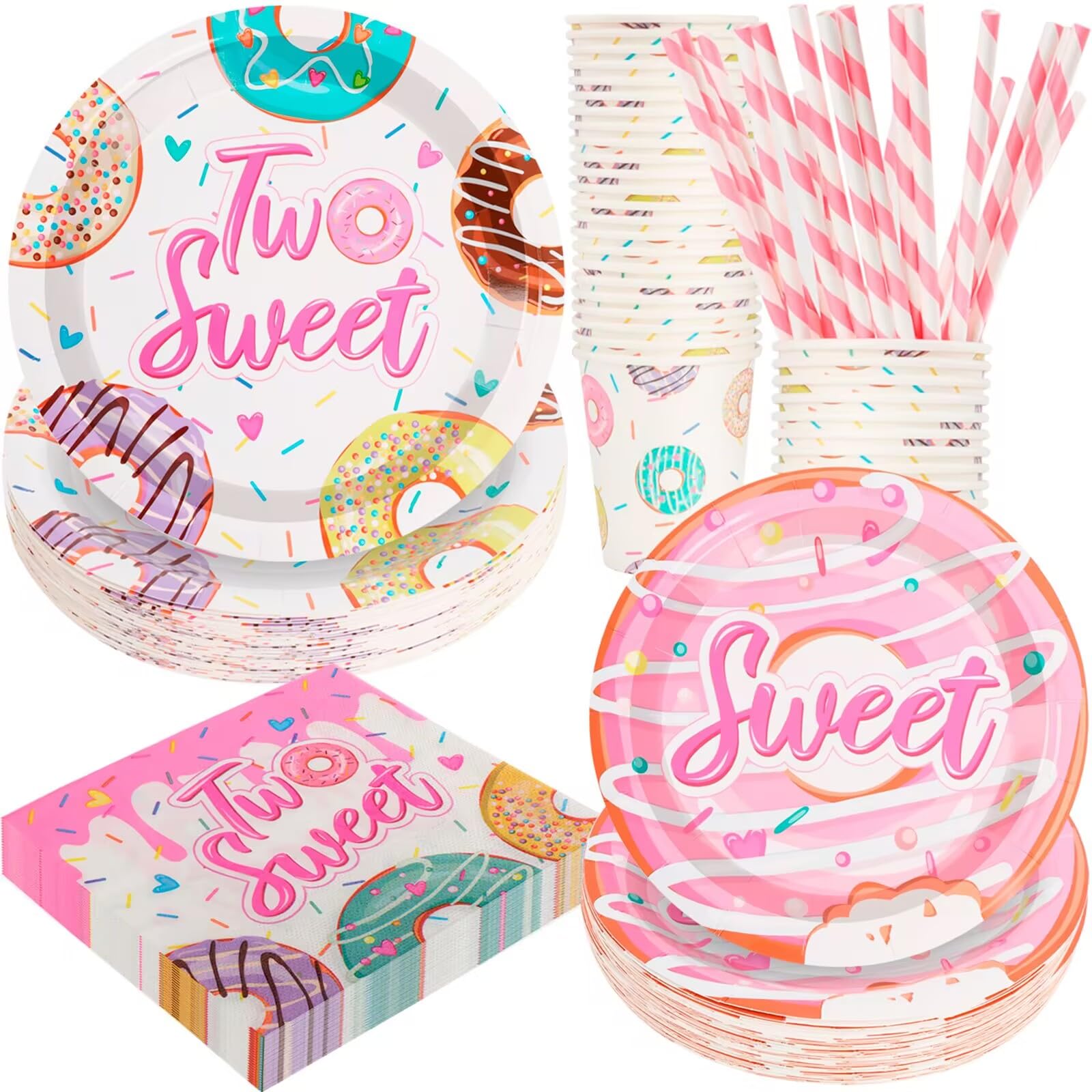 Two Sweet Birthday Party Decorations - 120Pc Donut Themed Supplies, Includes Paper Plates, Napkins, Cups & Straws | Serves 24