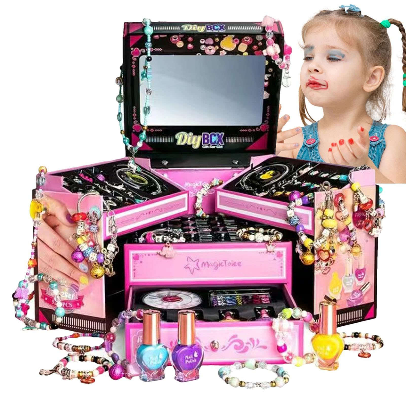 Kits de fabricación de pulseras para niñas, kit de fabricación de joyas | kit de fabricación de joyas para niños, de joyería del tesoro con pulsera, cuentas, esmalte de uñas para niñas de 5 a 12