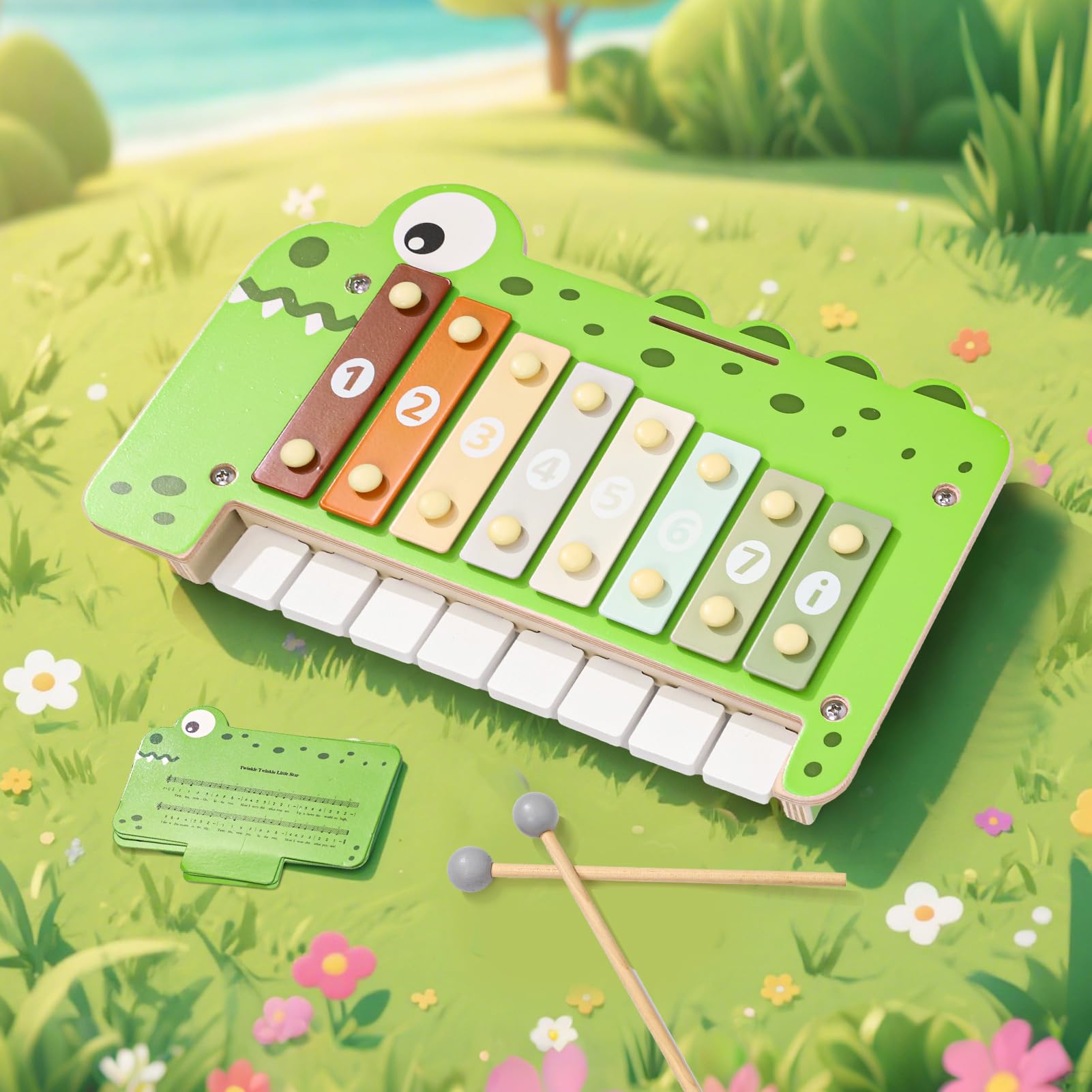 XIAPIA Instrumentos Musicales para Niños 1 2 3 Años, Juguete Musical de Madera para Bebé, 2 En 1 Juguetes de Instrumentos con Cocodrilo Piano y Xilofono, Regalo Navidad Cumpleaños para Niños y Niñas