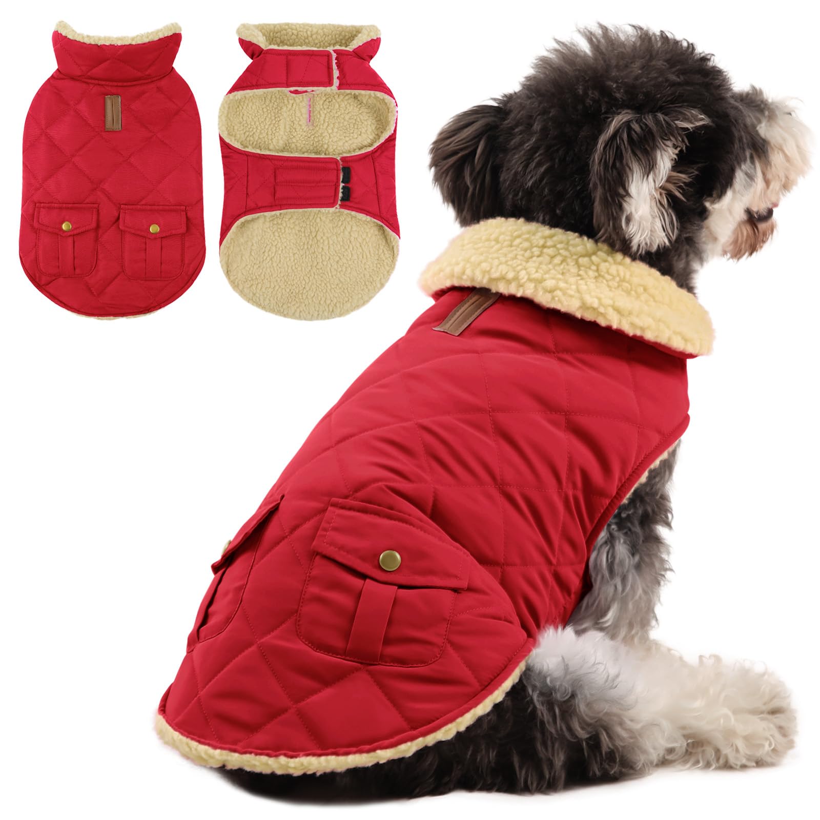 Queenmore Cappotto Caldo Impermeabile Per Cani, Giubbotto Invernale in Pile, Vestiti Per Bassotto Bulldog Francese Chihuahua, Rosso, M