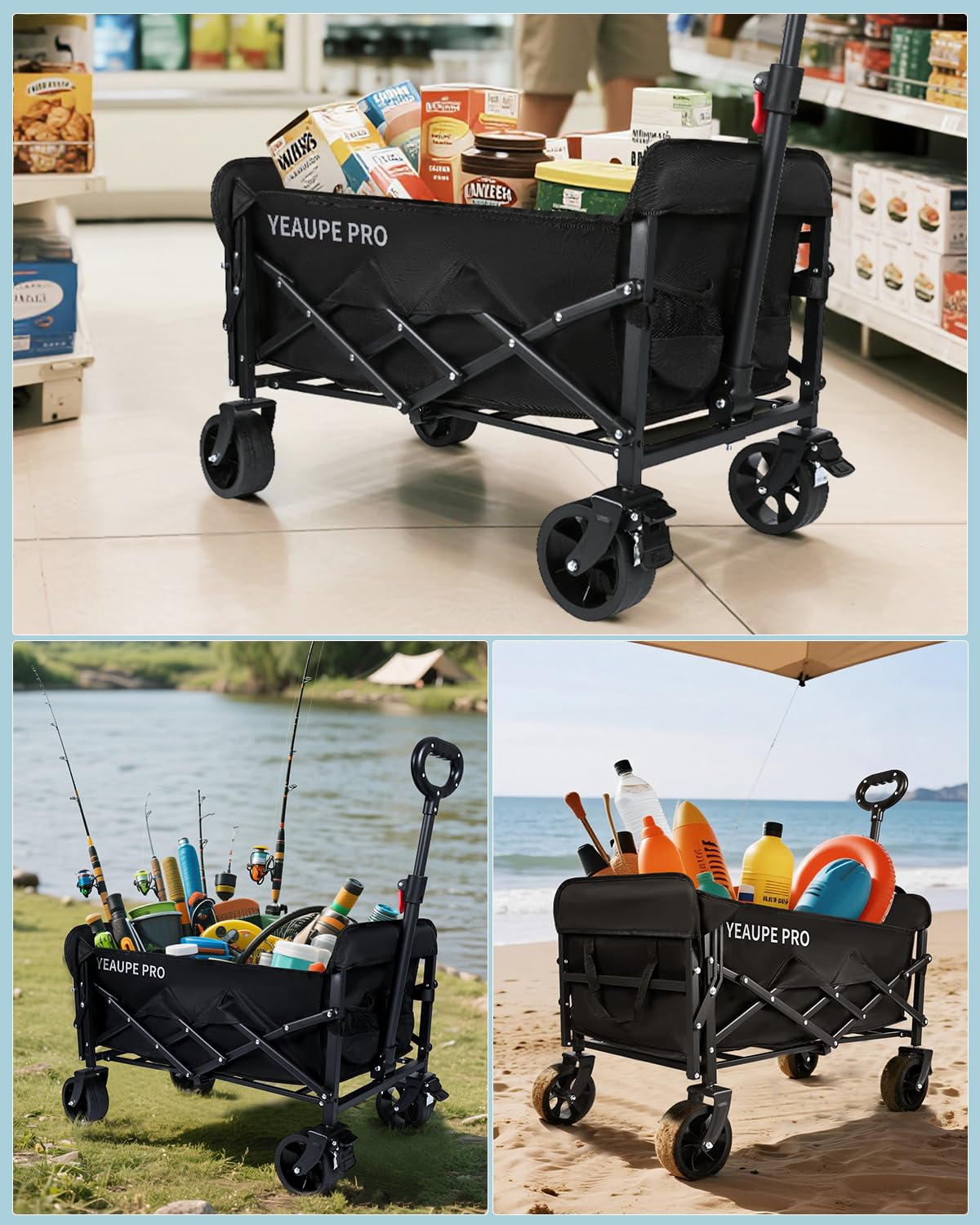 YEAUPE PRO Chariot de Plage Pliable Capacité Max. 125L 100KG, Chariot de Transport à roulettes Tout Terrain Poignée Réglable Charrette pour Extérieur Camping Pique, avec Poche intérieure