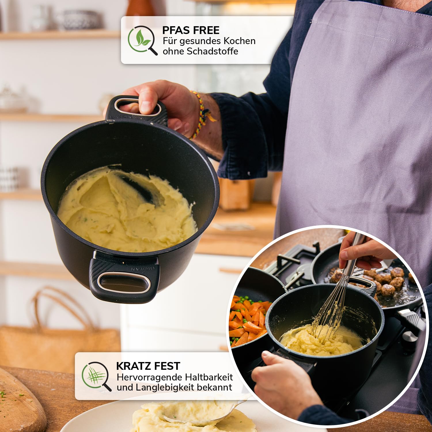 Premium Kochtopf Induktion 20 cm & 2,5l PFAS frei – Kochtopf klein | Milchtopf | Non Stick Topf Induktion | Antihaft aus Dänemark | Ofenfest bis 260 °C | Gesundes Kochen ohne Schadstoffe