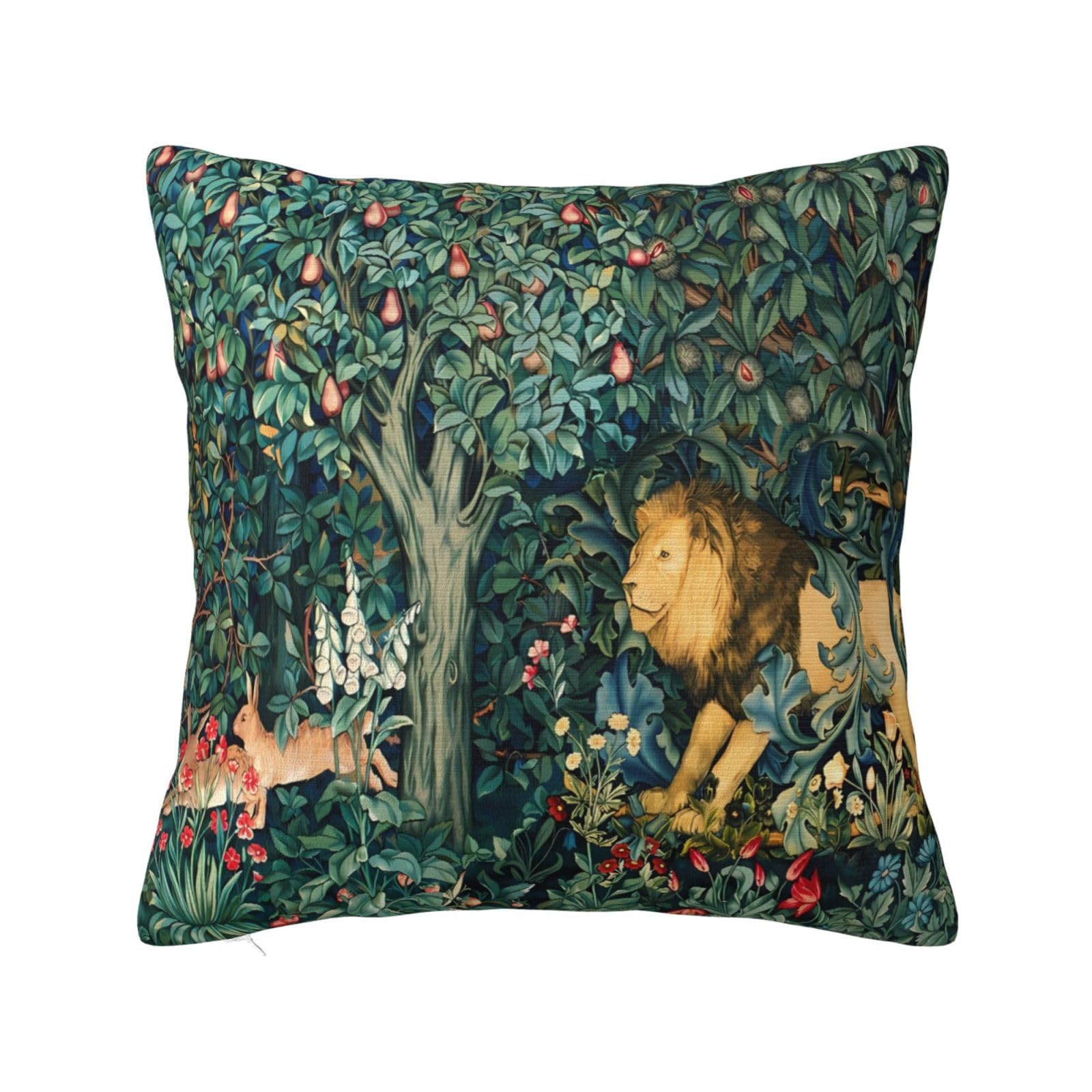 Keebik William Morris Animals Lion and Hares Blue Green Floral Throw Pillow Cover Soft Decorative Throw Pillowcases Cushion Case for Home Decor Living Room Bed Couch Car 18x18 Inch โ image 1