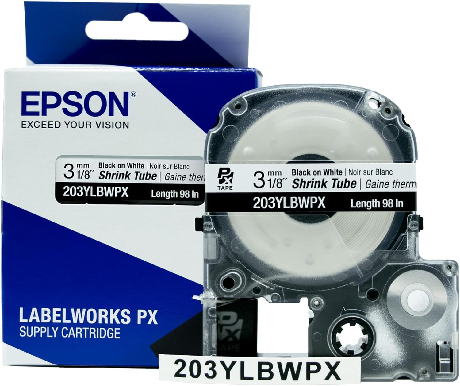Epson LABELWORKS 203YLBWPX-10PK Genuine Tape Cartridge - 5 Unit Case Pack Black on White Shrink Tube Industrial Label Maker Tape - AWG 16-22, 1/8" (3MM) Wide, 8 ft (98") - 10 Pack