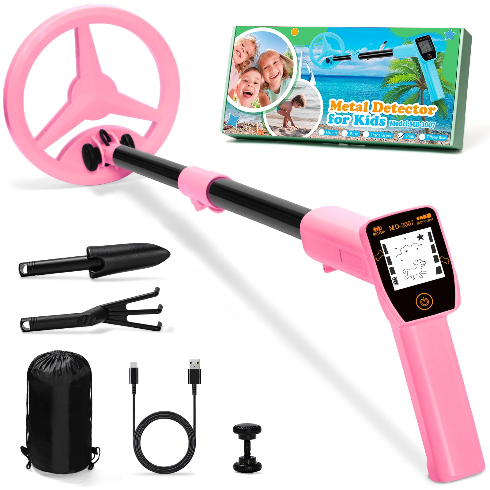 Metalldetektor Kinder, Smofrees Über USB Wiederaufladbarer Kleiner Kinder Metalldetektor, Verstellbarer 60-86cm Tragbarer Metalldetektor mit lustigem LCD-Display für die Erkundung im Freien, Rosa