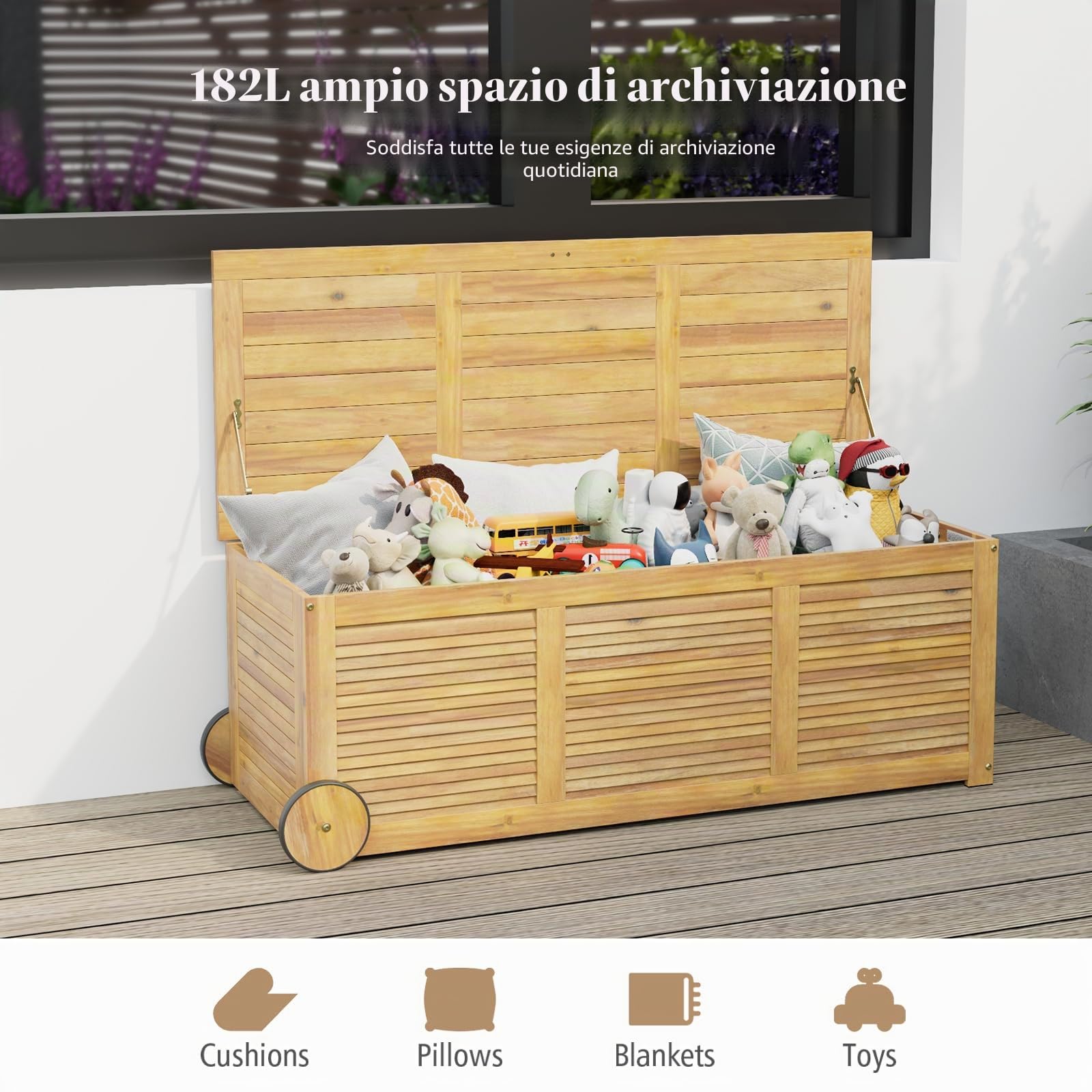HOMASIS Cassapanca Da Giardino 182L Con Ruote In Legno Di Acacia, Scatola Per Cuscini Con Tasca Interna Impermeabile, Scatola Per Giardino Con Maniglia, Cassapanca Resistente