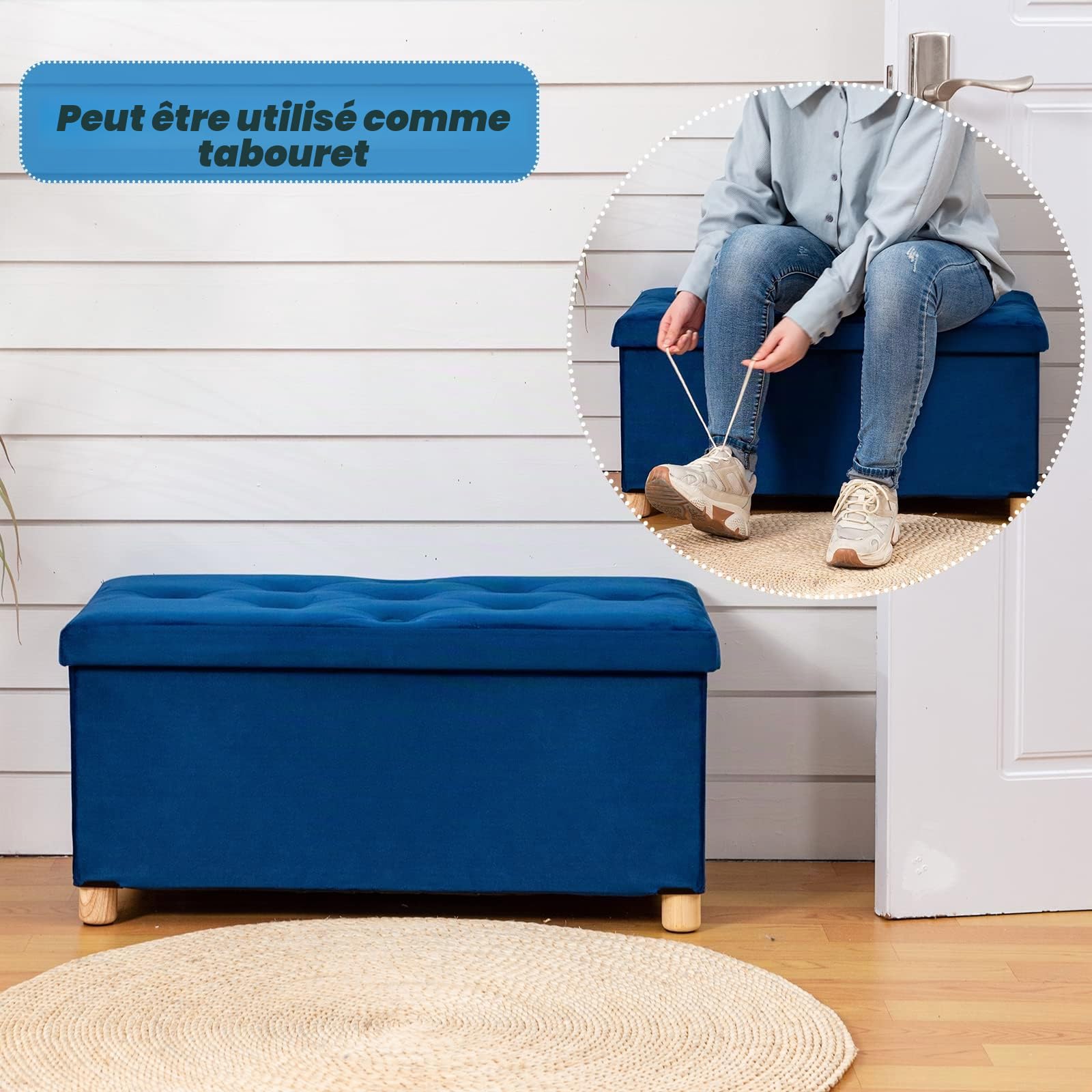 BRIAN & DANY Pouf Rangement Pliable, Banc de Rangement avec Couvercle, Tabouret Coffre en Velours Repose-Pieds pour Salon Chambre Entrée, 76 x 38 x 38 cm, Bleu