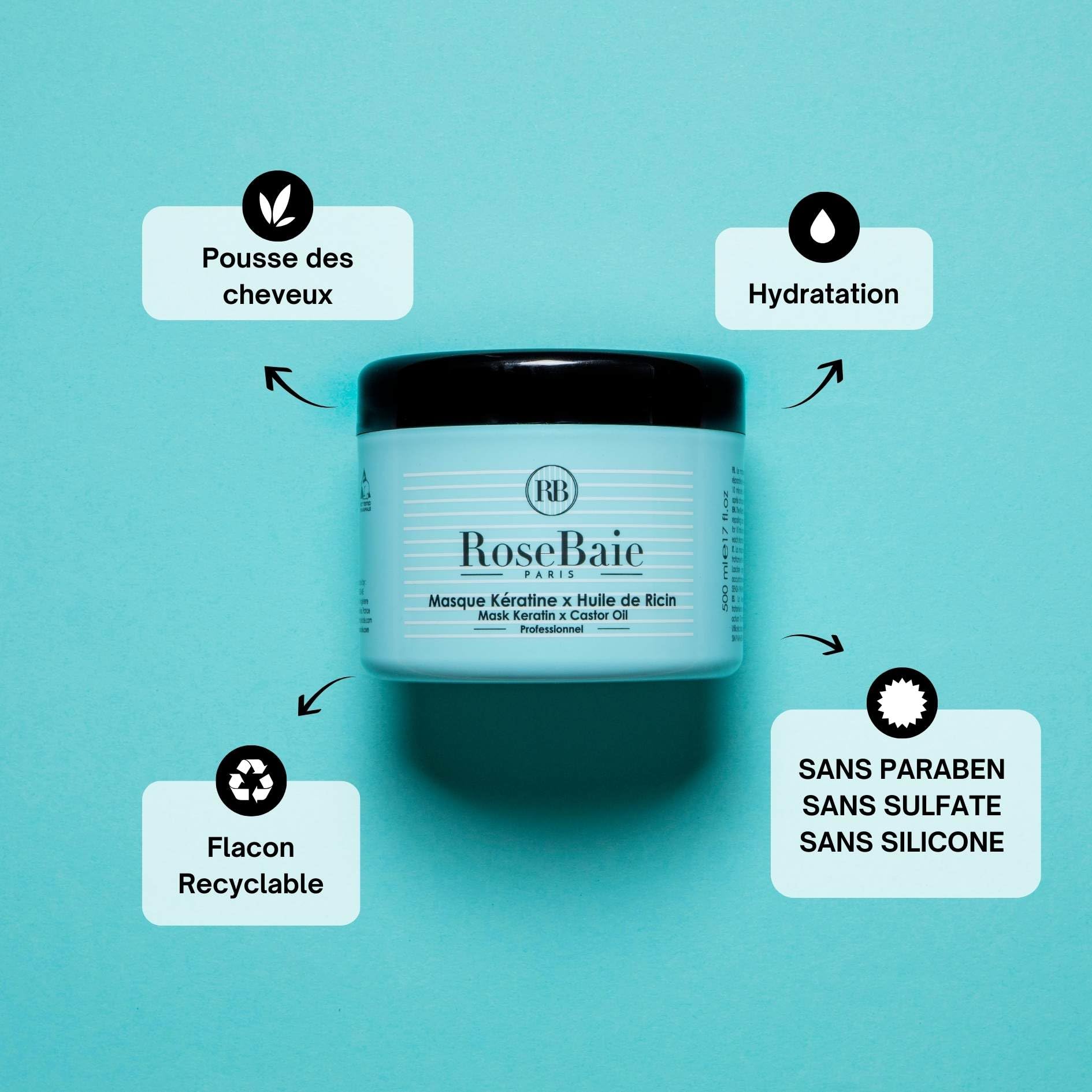 ROSEBAIE | Routine Trio Huile de Ricin et Kératine | Pousse et Hydratation | Shampoing 500ml | Masque 500ml | Sérum 100ml | Brosse massante offerte