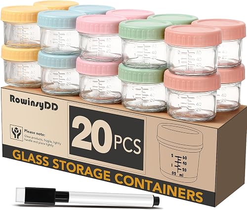 RowinsyDD 20 Pack Glass Baby Food Storage Containers, 4 oz Leakproof Baby Food Jars with Lids, Small Glass Food Containers for Infant Baby, Freezer & Microwave Safe, BPA Free