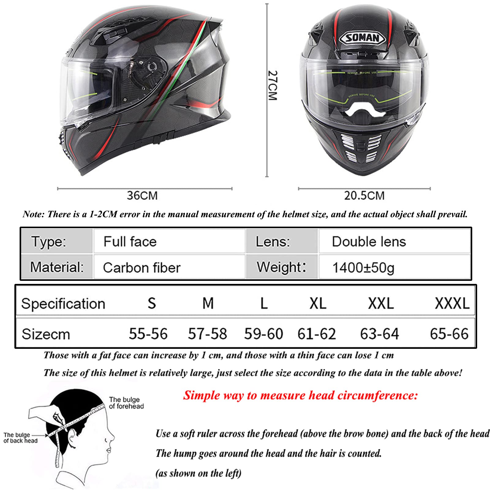 Amazon.com: RUANLOV Full Face Motorcycle Helmet Carbon Fiber - DOT/ECE Approved Integrated Motorbike Helmets with Dual Visors- Men and Women Motorbike Helmets (I XXXL=65~66cm) : Automotive Amazon.com: RUANLOV Full Face Motorcycle Helmet Carbon Fiber - DOT/ECE Approved Integrated Motorbike Helmets with Dual Visors- Men and Women Motorbike Helmets (I XXXL=65~66cm) : Automotive