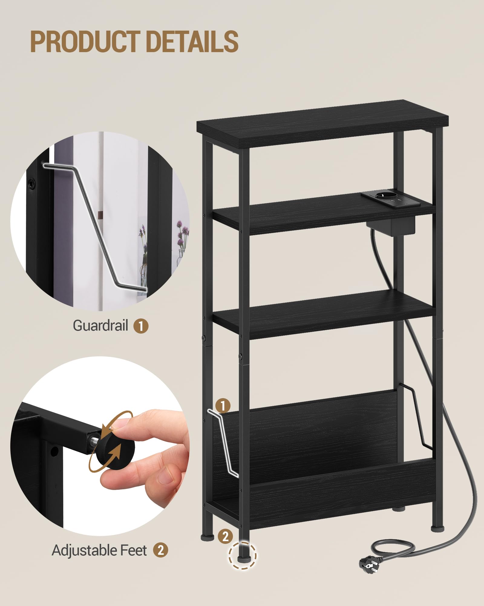 Hzuaneri Mesa Auxiliar Estrecha de 4 Niveles con Portarevistas y Toma de Carga, Mesita para Sofá de Salón, Dormitorio, Estudio, Negro ET40004BEU