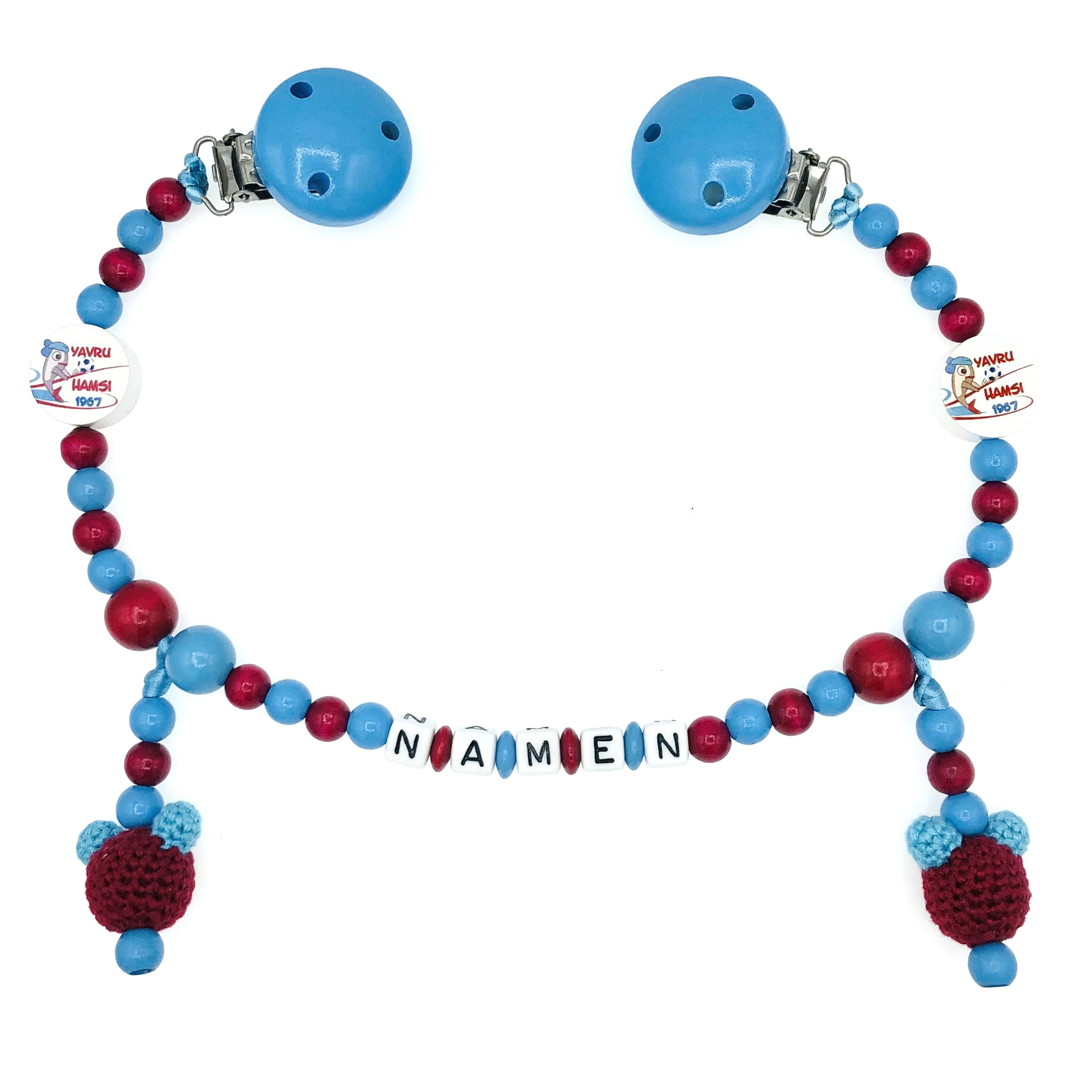 Set Nuckelkette + Kinderwagenkette mit Namen " für TRABZONSPOR Fan - YAVRU HAMSI - MAUS " Skyblau Bordeauxrot/Baby/Unisex/Personalisiert/HANDMADE