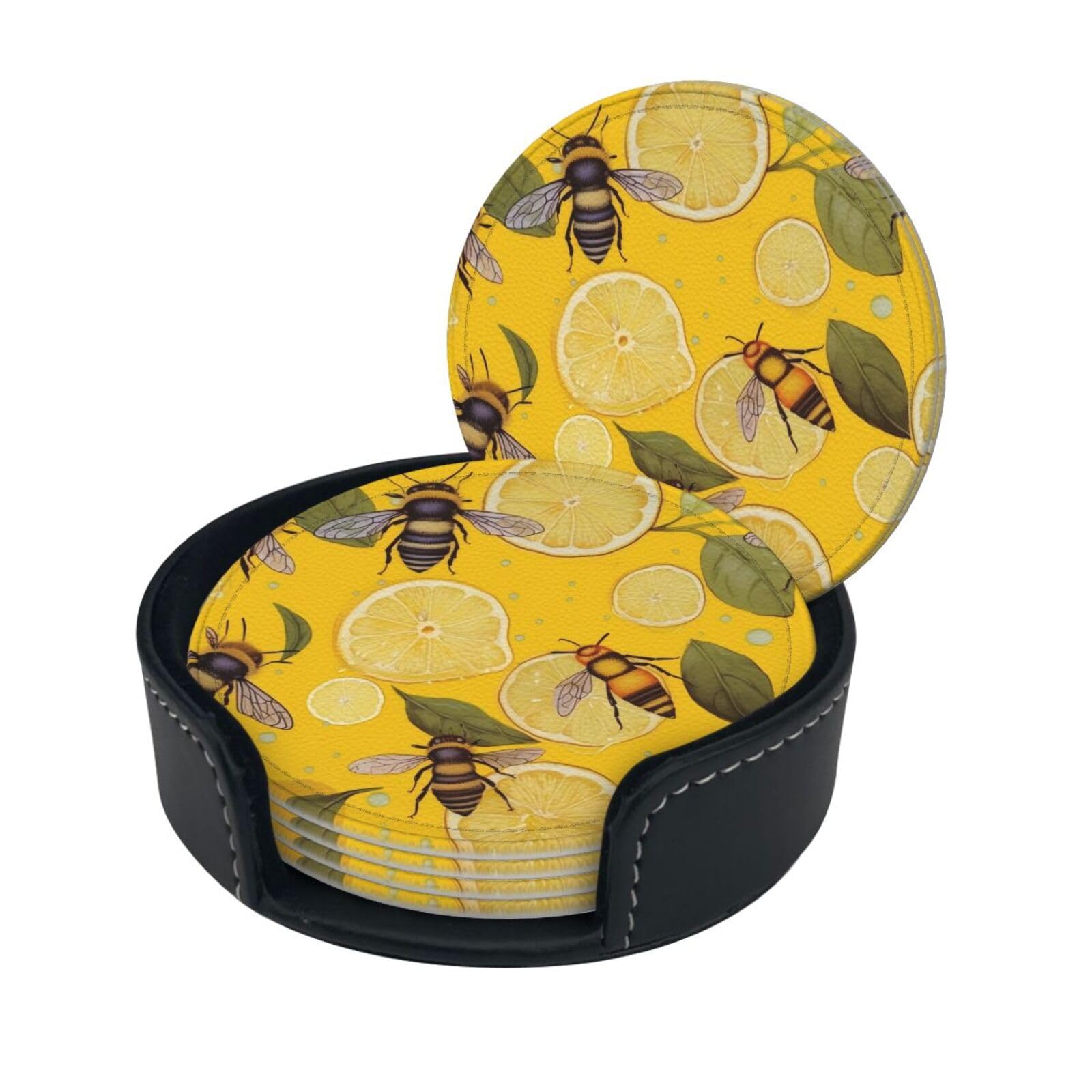Stylish Coasters - Yellow Lemon and Bee Set of 6 Round Leather Drink Coasters with Holder - Perfect Size for Cups and Glasses