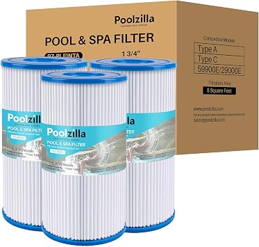 Poolzilla [3 Pack Pool Filter Cartridge for Type A or C, Compatible with Intex 29000E/59900E, Easy Set Pool Filters, Summer Escapes or Summer Waves Above Ground Pools [L x OD 8" x 4.25]
