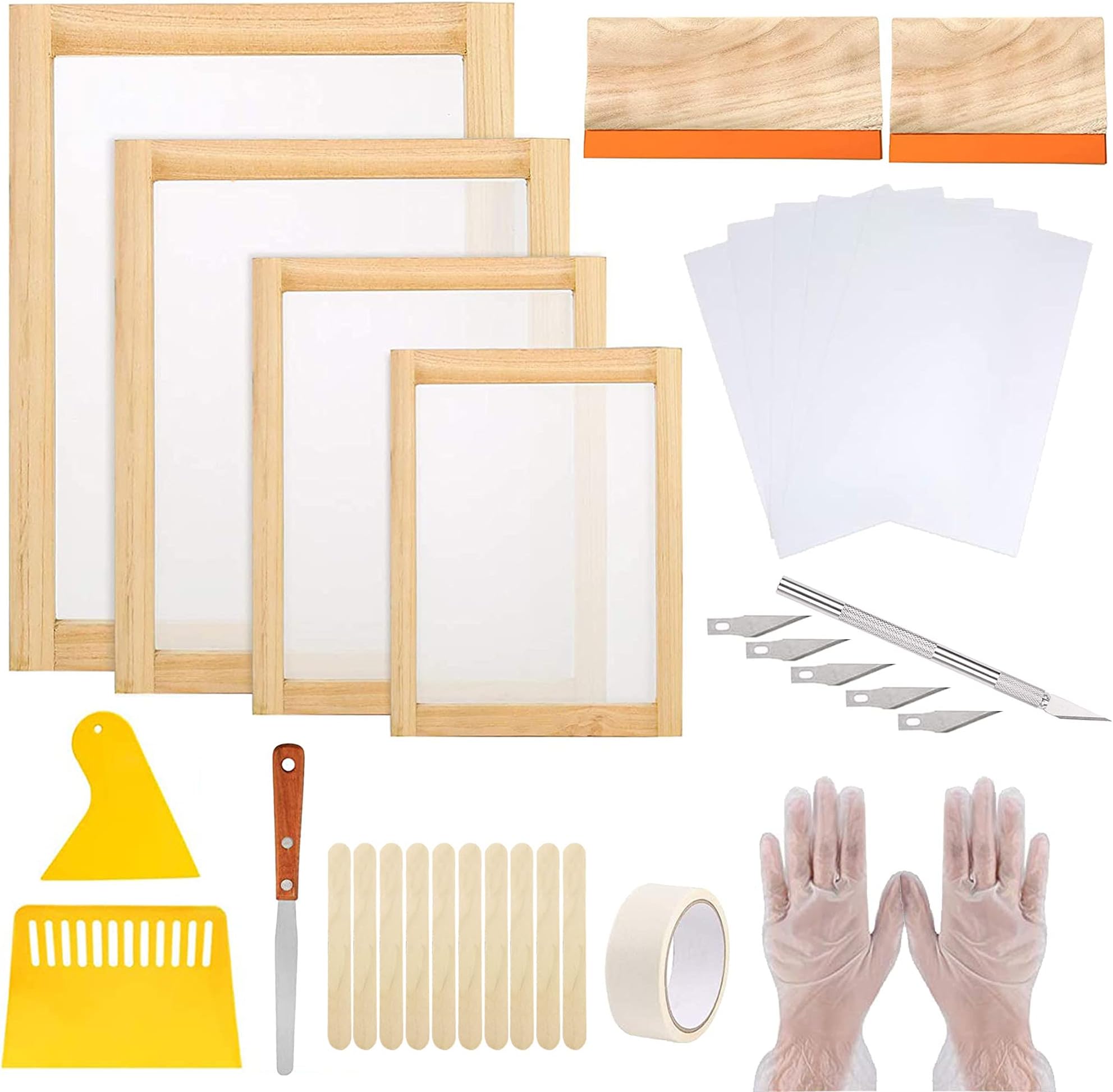 Cayway 42 PCS Screen Printing Kit, 4 Different Size of Wood Silk Screen Printing Frame with Mesh, Screen Printing Squeegees, Ink Knife, Inkjet Transparency Film, Mask Tape, Gloves