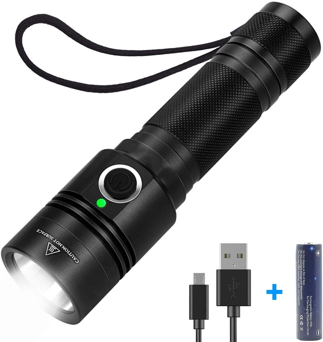Super Bright Tactical Flashlight, WASAGA Rechargeable LED Torch Light, CREE LED 1200 Lumens,IPX6 Water-Resistant,3 Light Modes for Hiking Camping Commuting (Black 1 Set)