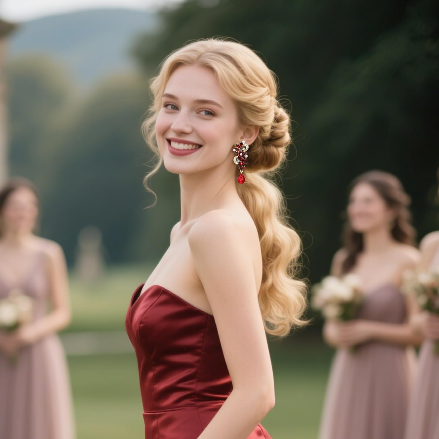 BriLove Women's Bohemian Boho Crystal Flower Wedding Bridal Chandelier Teardrop Bling Clip-On Dangle Earrings - Image 2