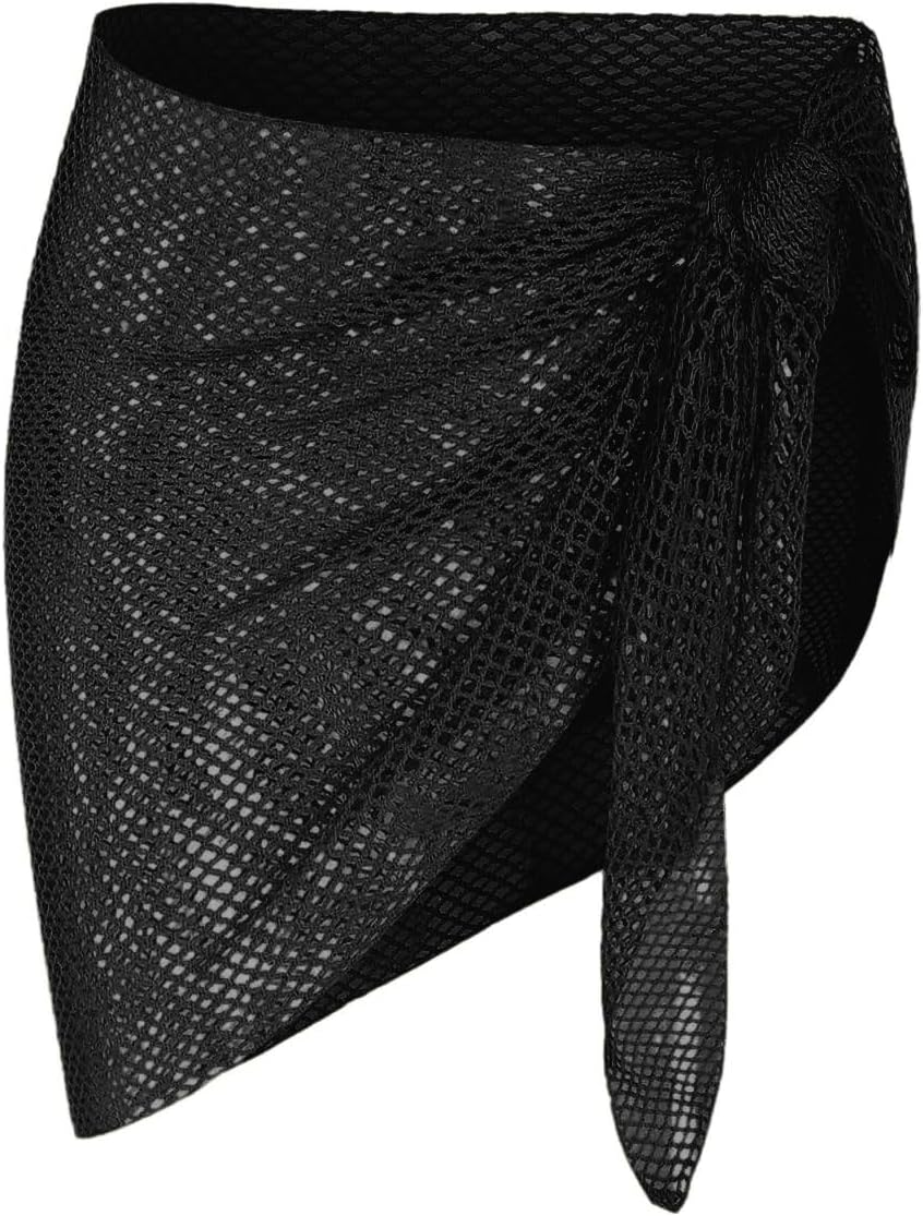 ZAFUL Sarong Coverups for Women Beach Vacation Fishnet See Thru Tie Side Bathing Suit Cover Up Mini Skirt