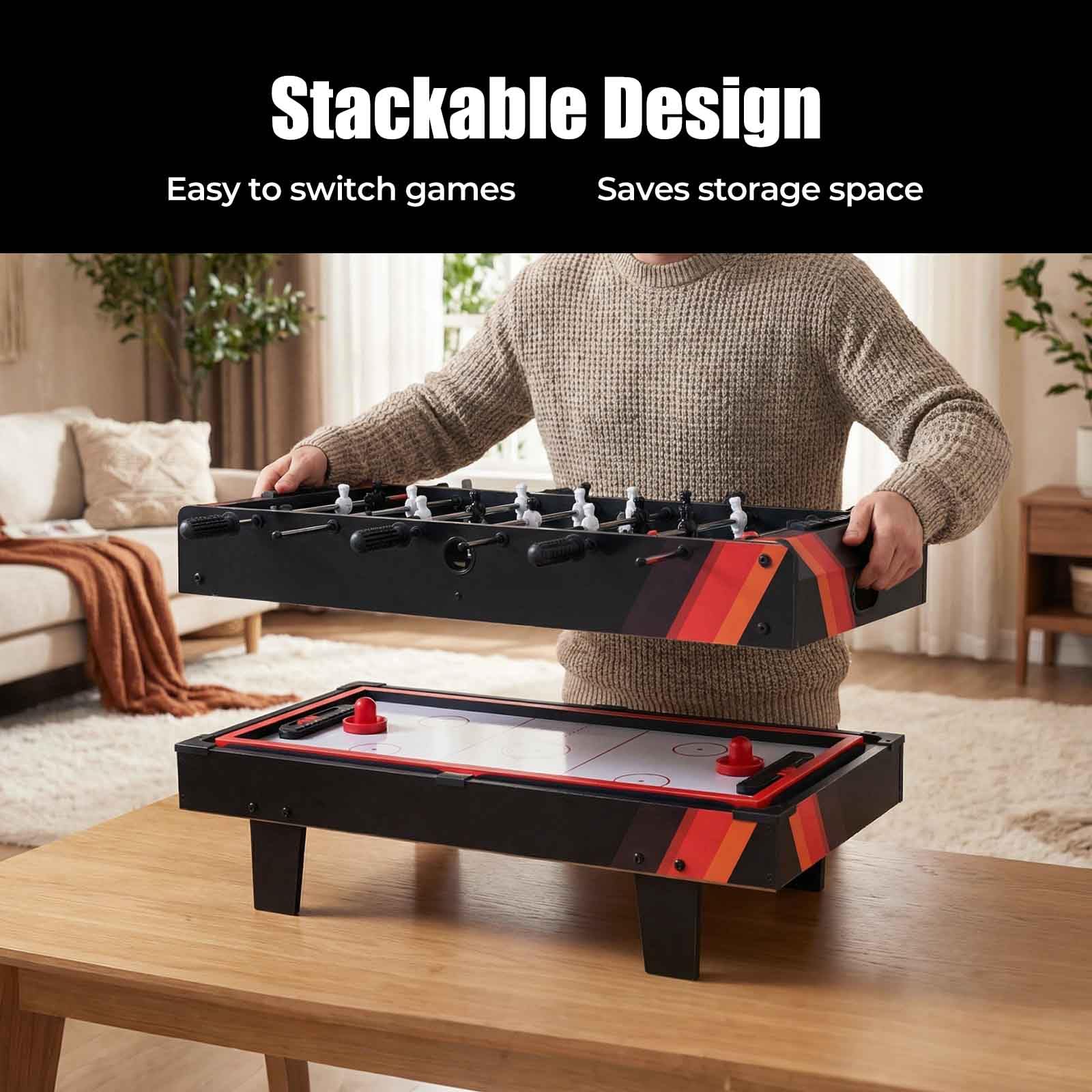 HOMASIS Tavolo da Gioco 4 in 1 in Legno per Bambini e Adulti, Tavolo da Biliardino con Piani Sovrapponibili per Biliardo, Hockey su Aria, Biliardino, Ping Pong per Casa, Sala Giochi