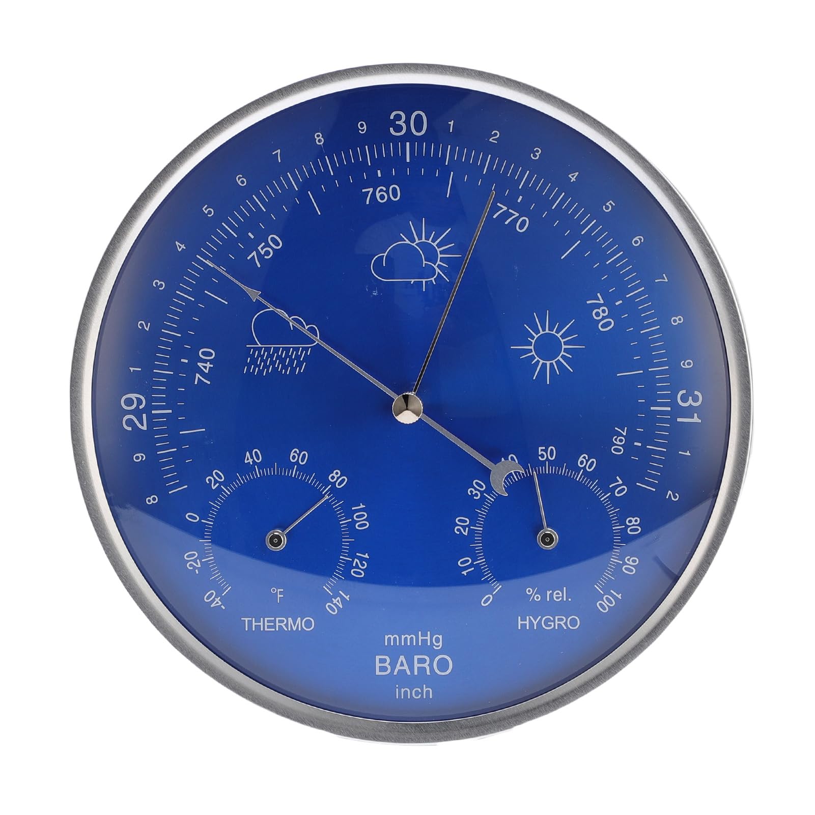 Station météo 3 en 1, Keenso Thermomètre baromètre hygromètre en Alliage d'aluminium, Cadran Bleu 180 mm, À Suspendre intérieur/extérieur, Idéal pour Maison, Jardin, Garage