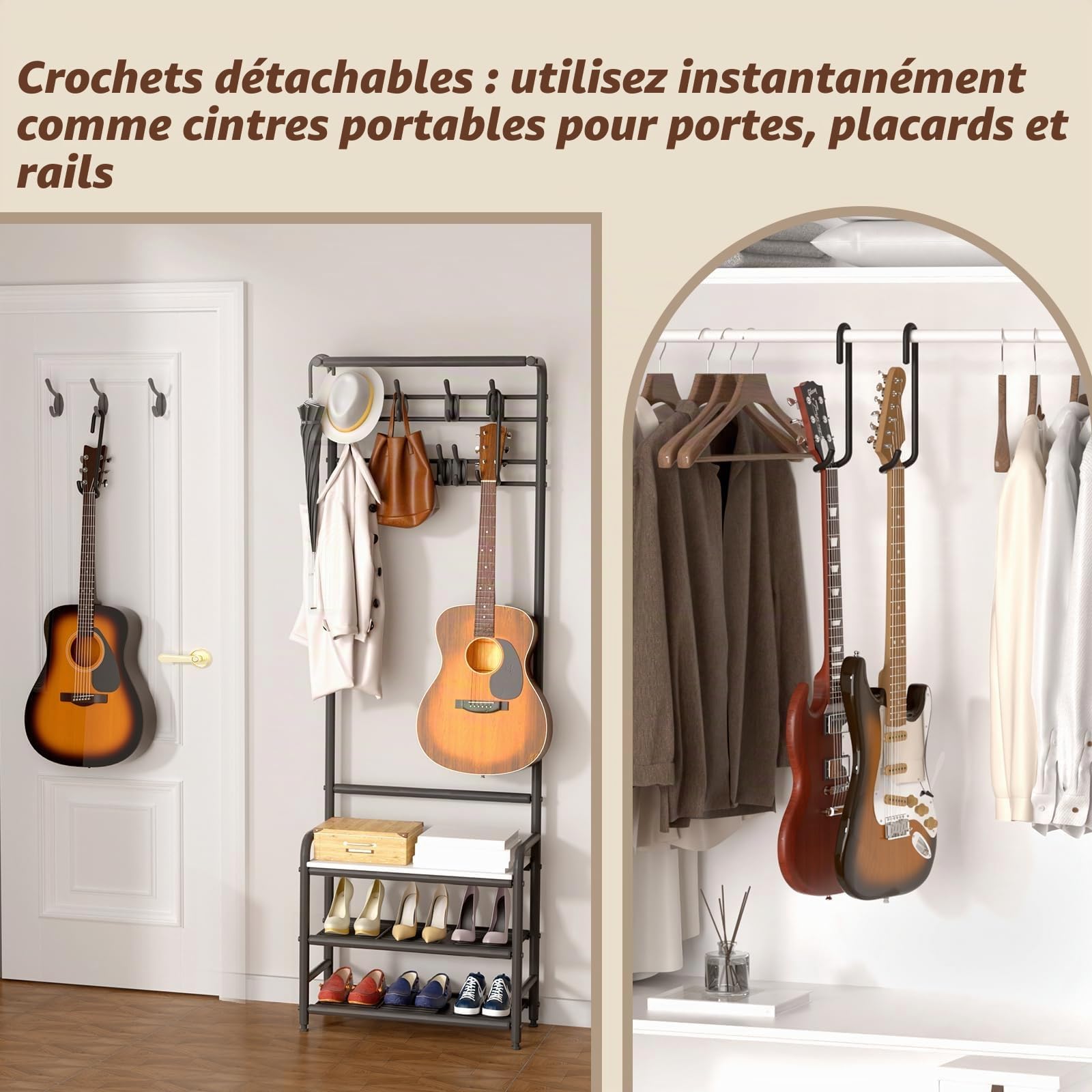 Bikoney Support Guitare Sol pour 5 Guitares, Porte-Guitares Réglable pour Guitare Acoustique, Électrique, Basse & Ukulélé, Rack Guitare Robuste avec Étagère pour Ampli & Crochets Accessoires
