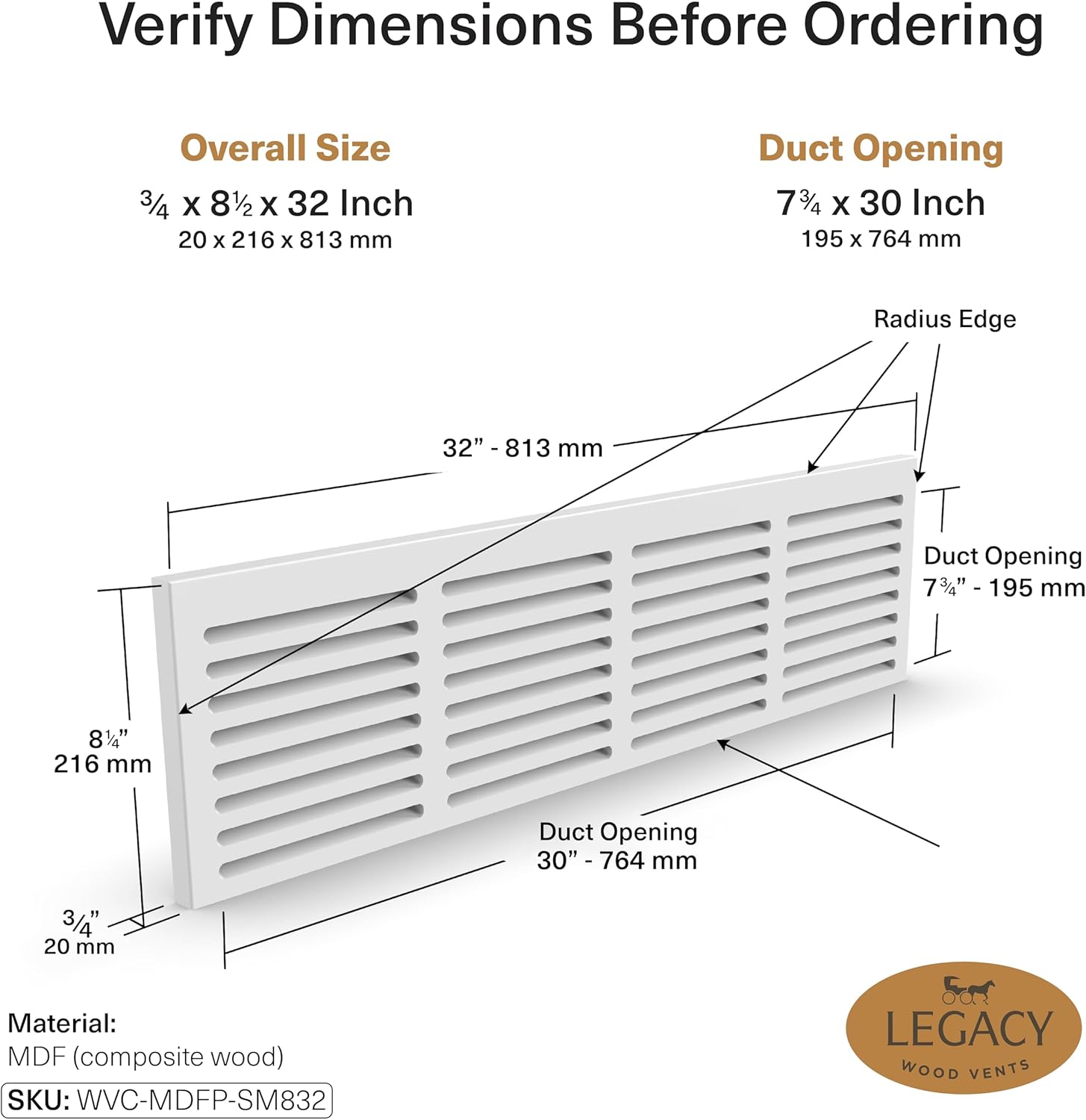 return air grill 30x6 duct opening (3/4” x 32'' x 8 1/2" overall size), noise free-high airflow vent cover, wide & angled/slots, made from 3/4” thick mdf, sanded & primed, ready to paint 30"x6"