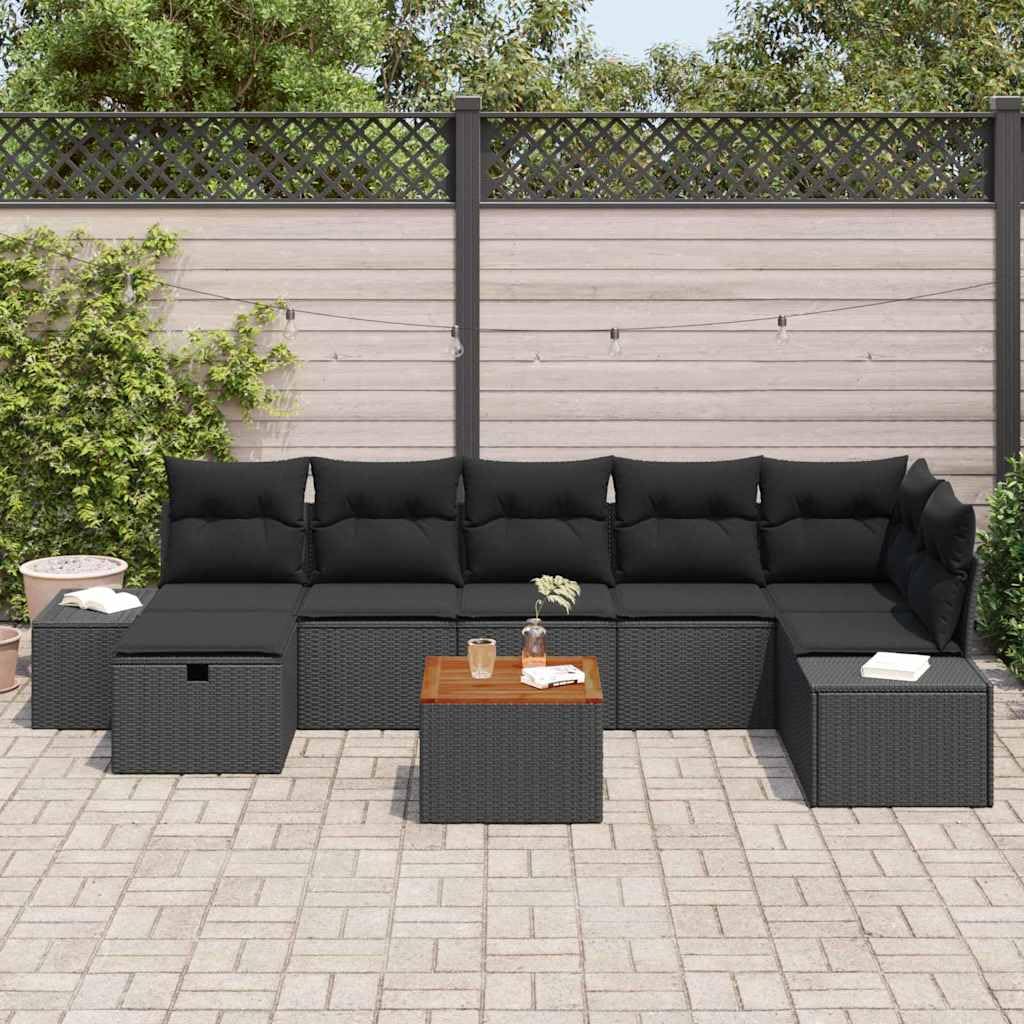 Set di mobili da giardino con cuscini, 8 pezzi, in polyrattan, colore nero, resistente alle intemperie, set modulare per terrazza, balcone, lounge con tavolo e sgabello, per esterni