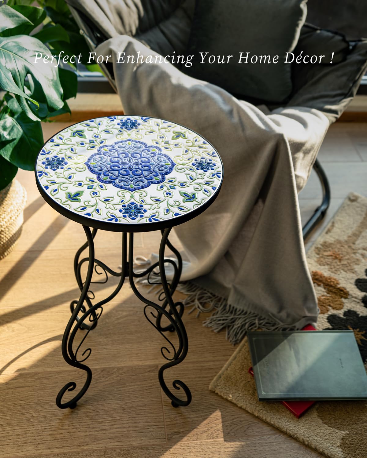 Frstem Mosaic Patio Table and Plant Stand, Outdoor Side Table for Patio with 14" Ceramic Tile Top, Weather Resistant Metal Round End Table Accent Table for Yard Porch Balcony Garden Bedside, Greenery