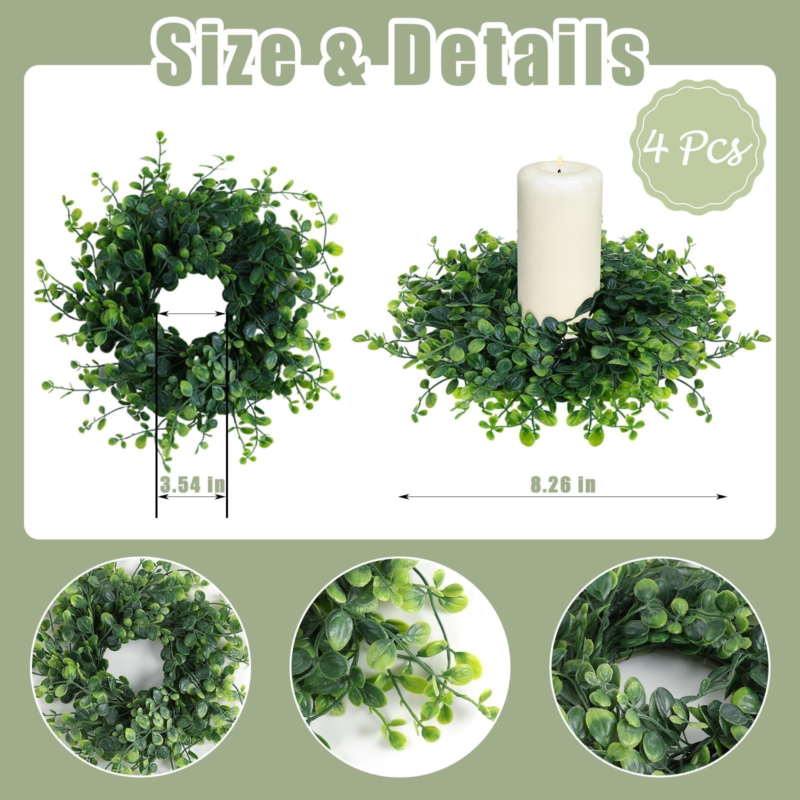 Kerzenringe für Frühling und Sommer, grüne Buchsbaumkränze, 7,6 cm, grüne Buchsbaumkerzenringe, Säulen, Küchenschrank, Kränze, Mini-Kerzenkranz für Hochzeit, Party, Dekoration, 4 Stück