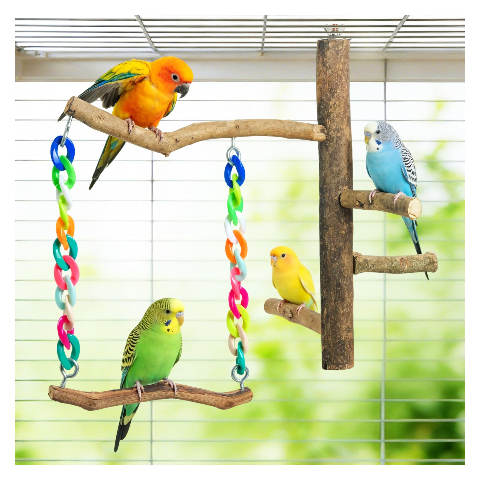 Juguetes para pájaros, juguetes de columpio para pájaros con soporte de perca, accesorios de jaula para periquitos, cacatúas y otros pájaros pequeños