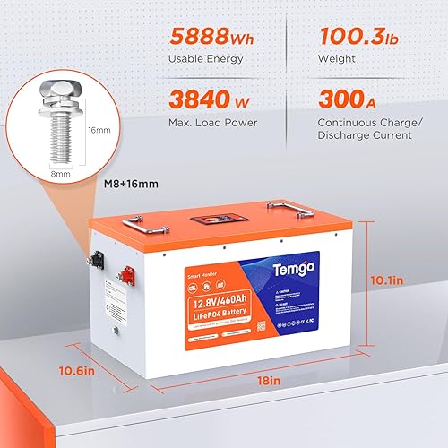 Miniatura 3 de TEMGO 12V 460Ah LiFePO4 Lithium Battery with Touchable Screen, APP Monitoring, Built-in 300A BMS, Max. 3840W Load Power, 5888Wh Usable Energy, 5000+