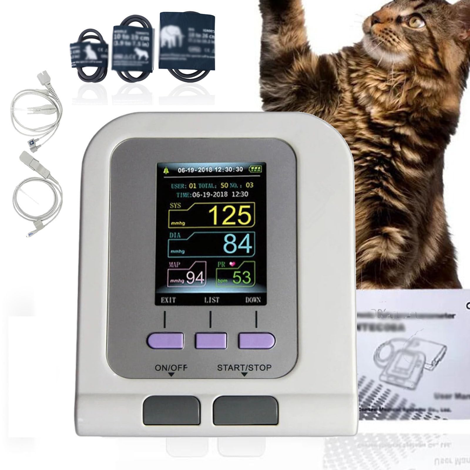 Tensiómetro veterinario digital, esfigmomanómetro electrónico para gatos, perros y mascotas, 3 modos y 3 manguitos para el cuidado de animales,ThreeCuffs+Probe