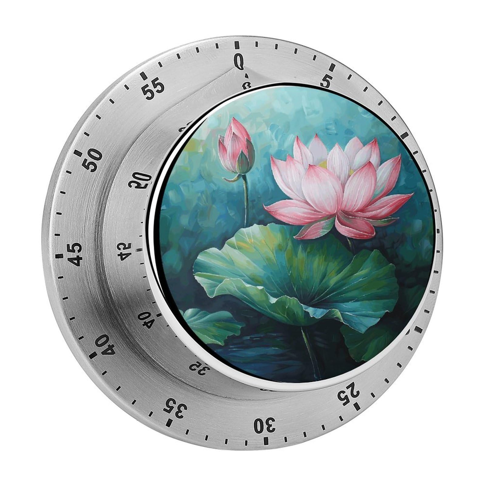 Lotus Flower Painting Timer with Loud Alarm Precision 60 Minute Wind Up Timer Portable Manual Countdown Timers Exquisite Stainless Magnetic Kitchen Timers for Cooking Chef Clock