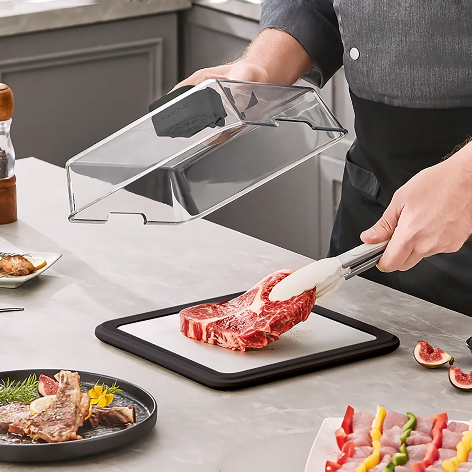 Vassoio automatico per scongelare carne congelata, scongelamento elettrico, scongelare rapidamente la carne con tecnologia del flusso d'aria e coperchio visivo, facile da usare in cucina